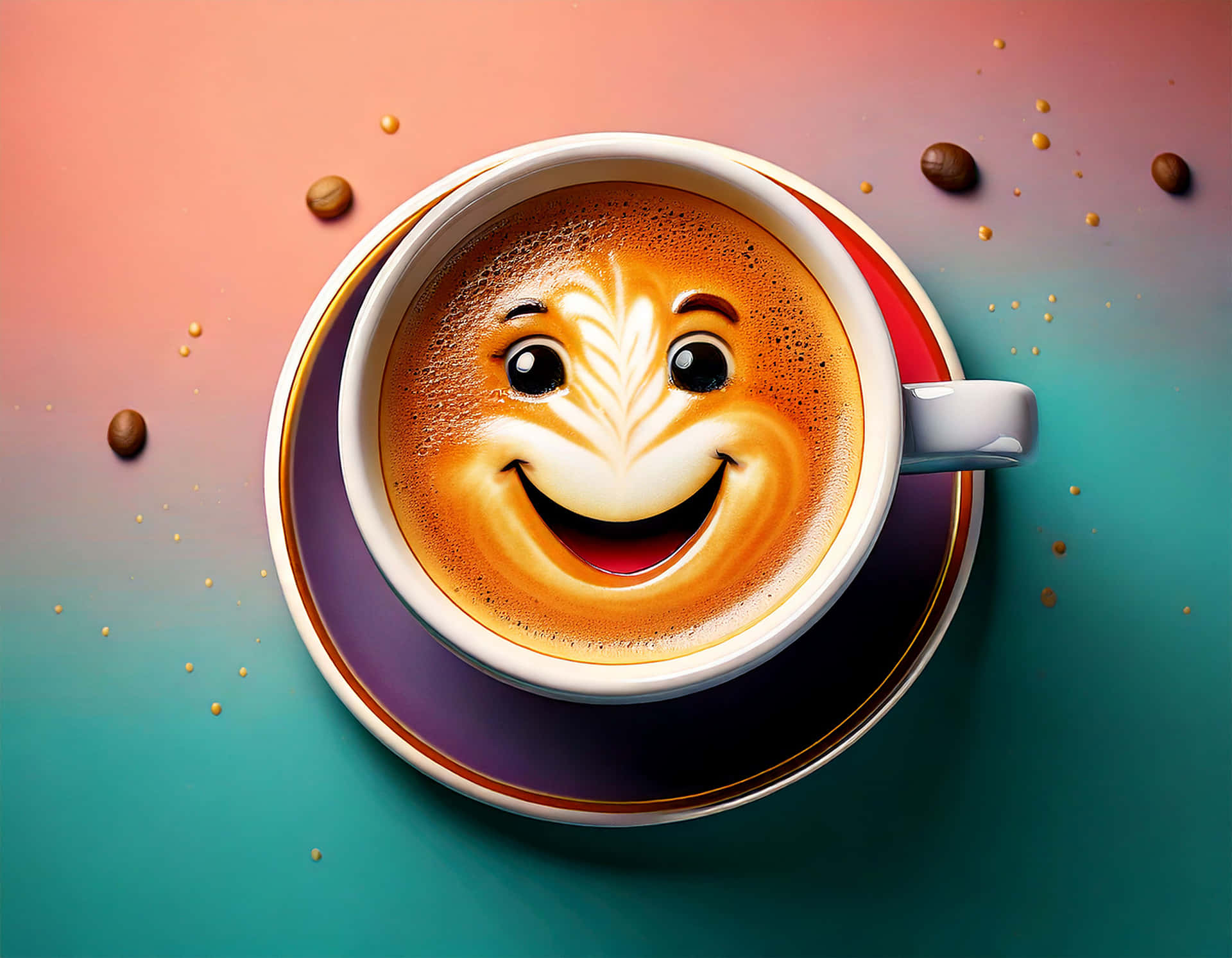 Cute coffee cup with a smile 壁紙 — 一個歡樂的拉花藝術笑臉從白色杯子中微笑，背景是充滿活力的漸變色和散落的咖啡豆。