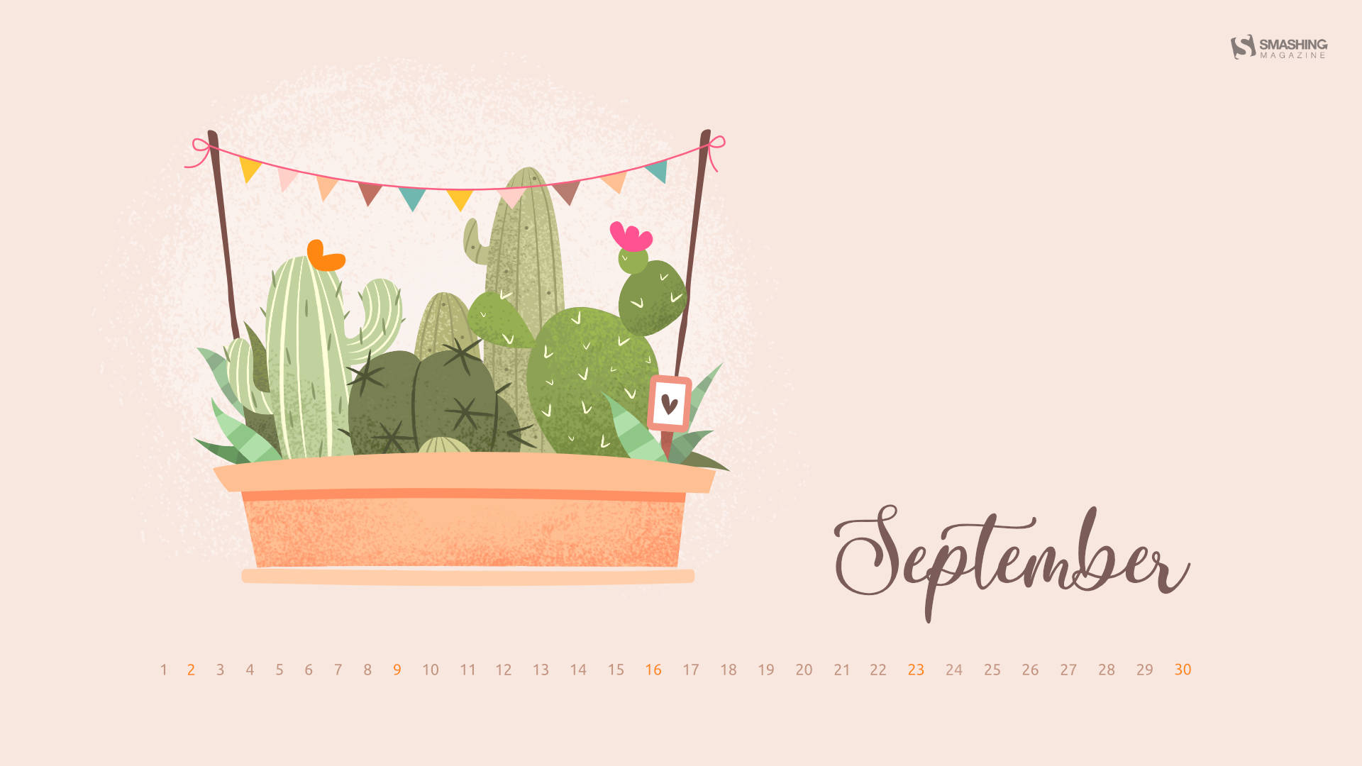September 桌布 壁紙 — 一個歡樂的插圖陶土花盆，在彩色三角旗橫幅下盛放各種仙人掌，下方有September字樣。