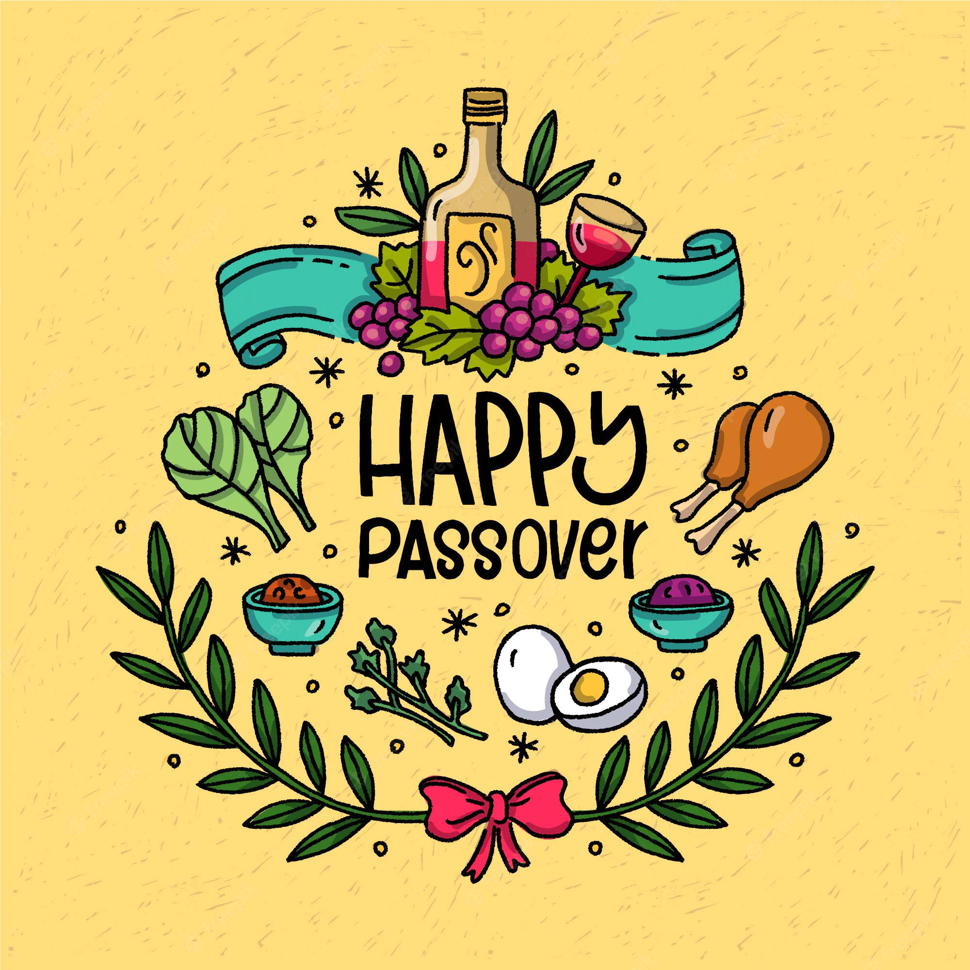 Passover 桌布 壁紙 — 一個歡樂的插畫逾越節問候，包含傳統象徵如無酵餅、葡萄酒、葡萄和烤雞，排列成花環形狀。