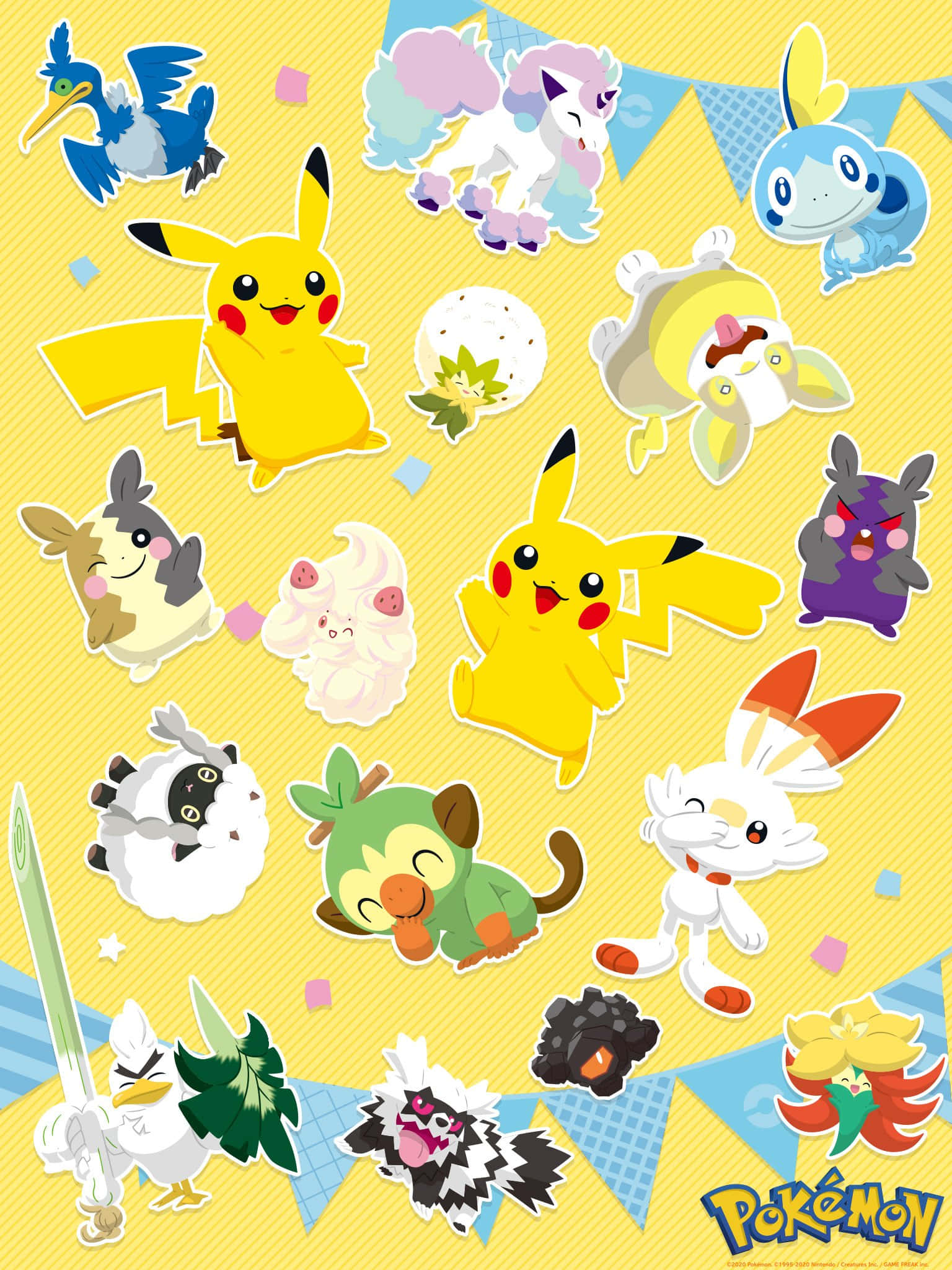 Pokemon Stickers 桌布 壁紙 — 一個歡樂的收藏，色彩繽紛的寶可夢角色漂浮在明亮的黃色背景上，帶有藍色橫幅。