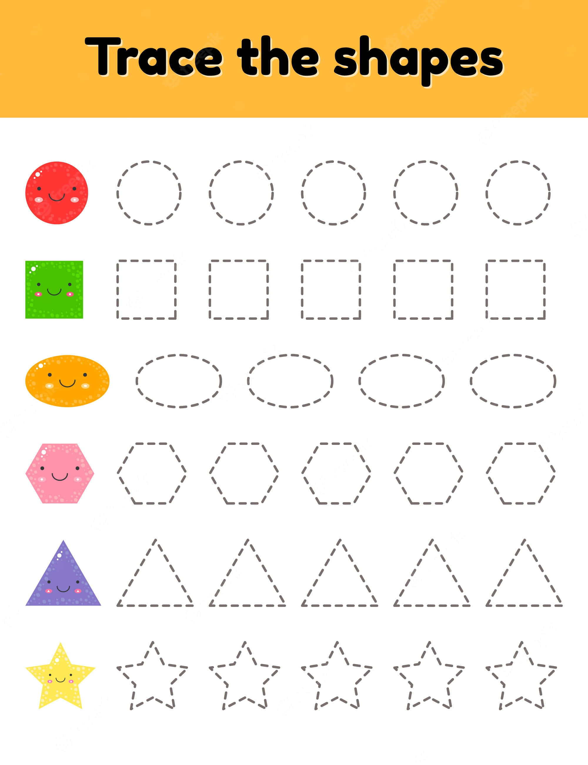 Shapes 桌布 壁紙 — 一個歡樂的教育工作紙，色彩繽紛的笑臉形狀引導年輕學習者進行描摹練習。