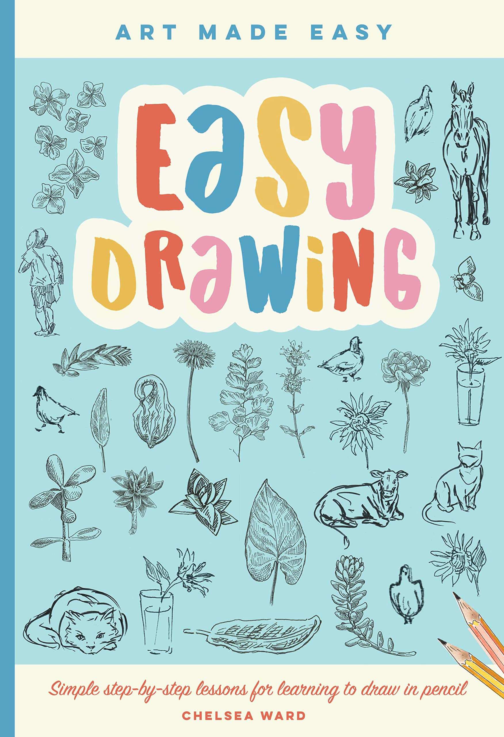 Drawing 桌布 壁紙 — 一個歡樂的書封面，帶有彩色字體和動物、植物、鉛筆的黑白線條畫，背景為淺藍色。