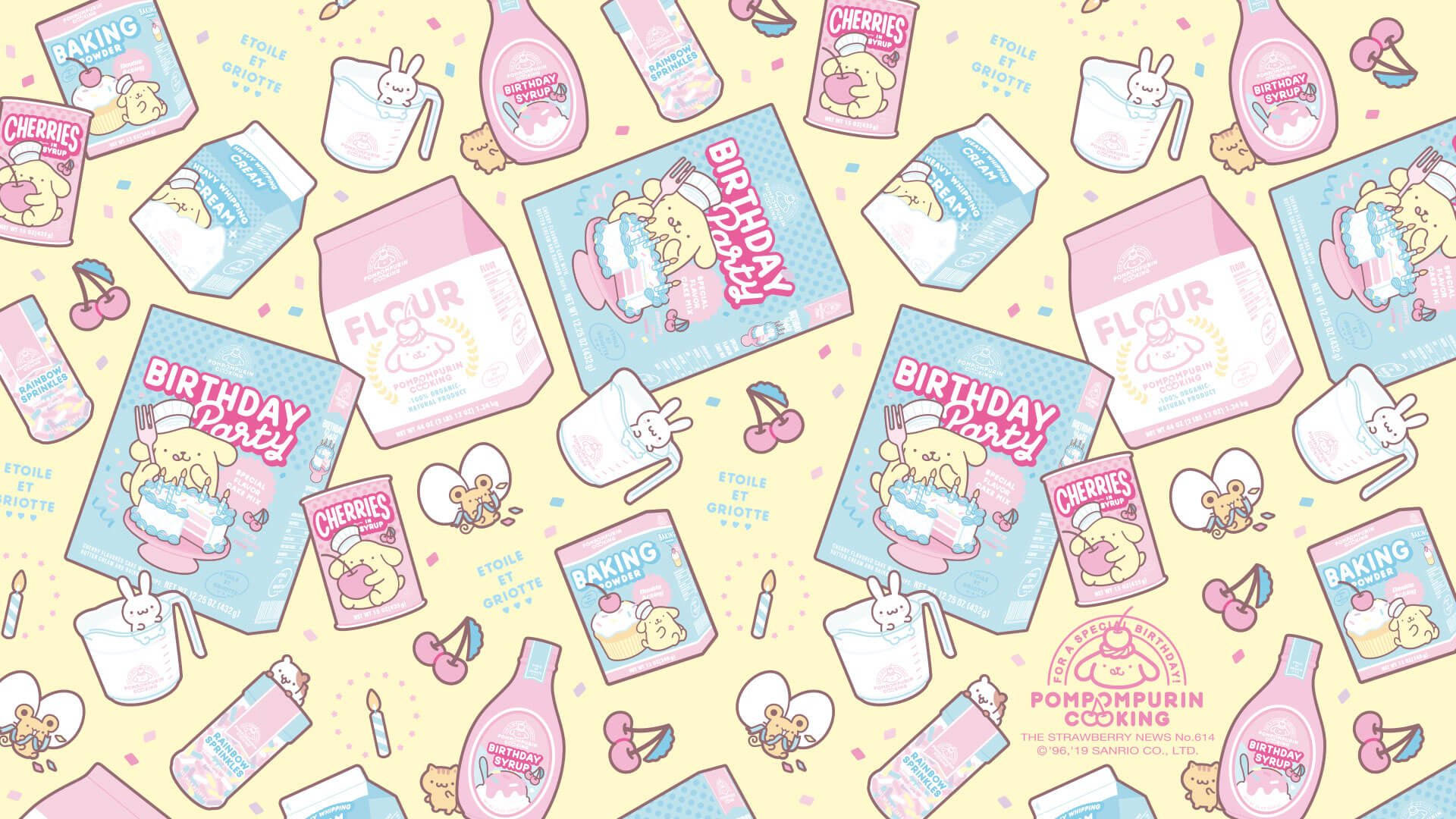 布丁狗 桌布 壁紙 — 一個歡樂的柔和色調圖案，包含 Pom Pom Purin 烘焙用品和生日美食，散落在柔和的黃色背景上。