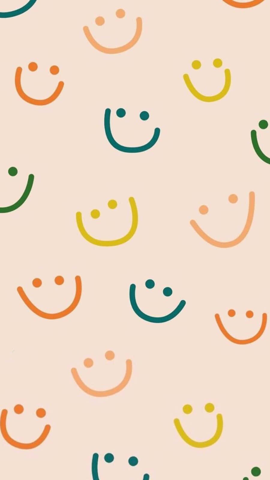 Aesthetic Smiley Face 桌布 壁紙 — 一個歡樂的桌布，在柔軟的米色背景上散落著色彩繽紛的極簡笑臉。