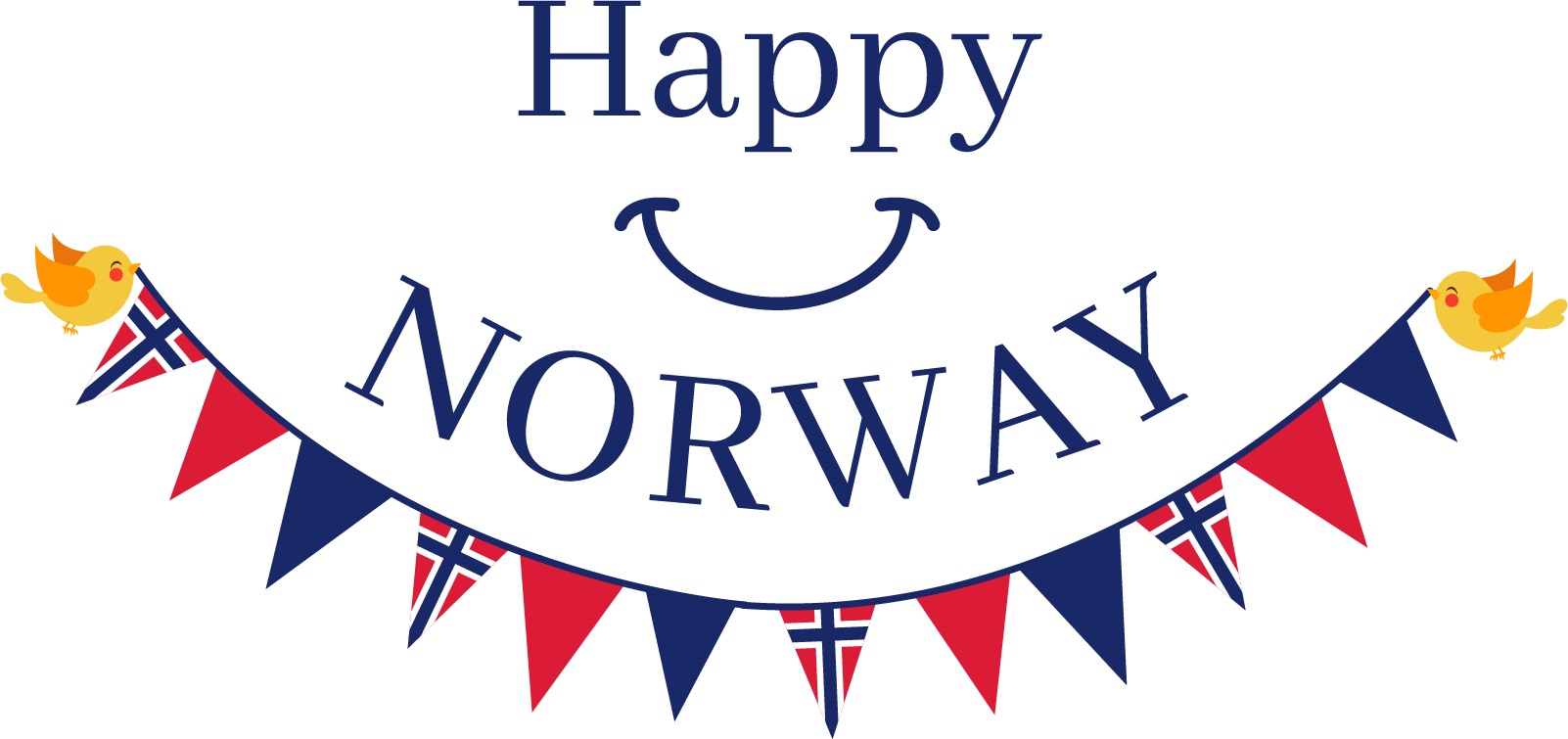 快樂 桌布 壁紙 — 一個歡樂的橫幅，上面有「Happy NORWAY」文字和笑臉，裝飾著挪威國旗和黃色小鳥。