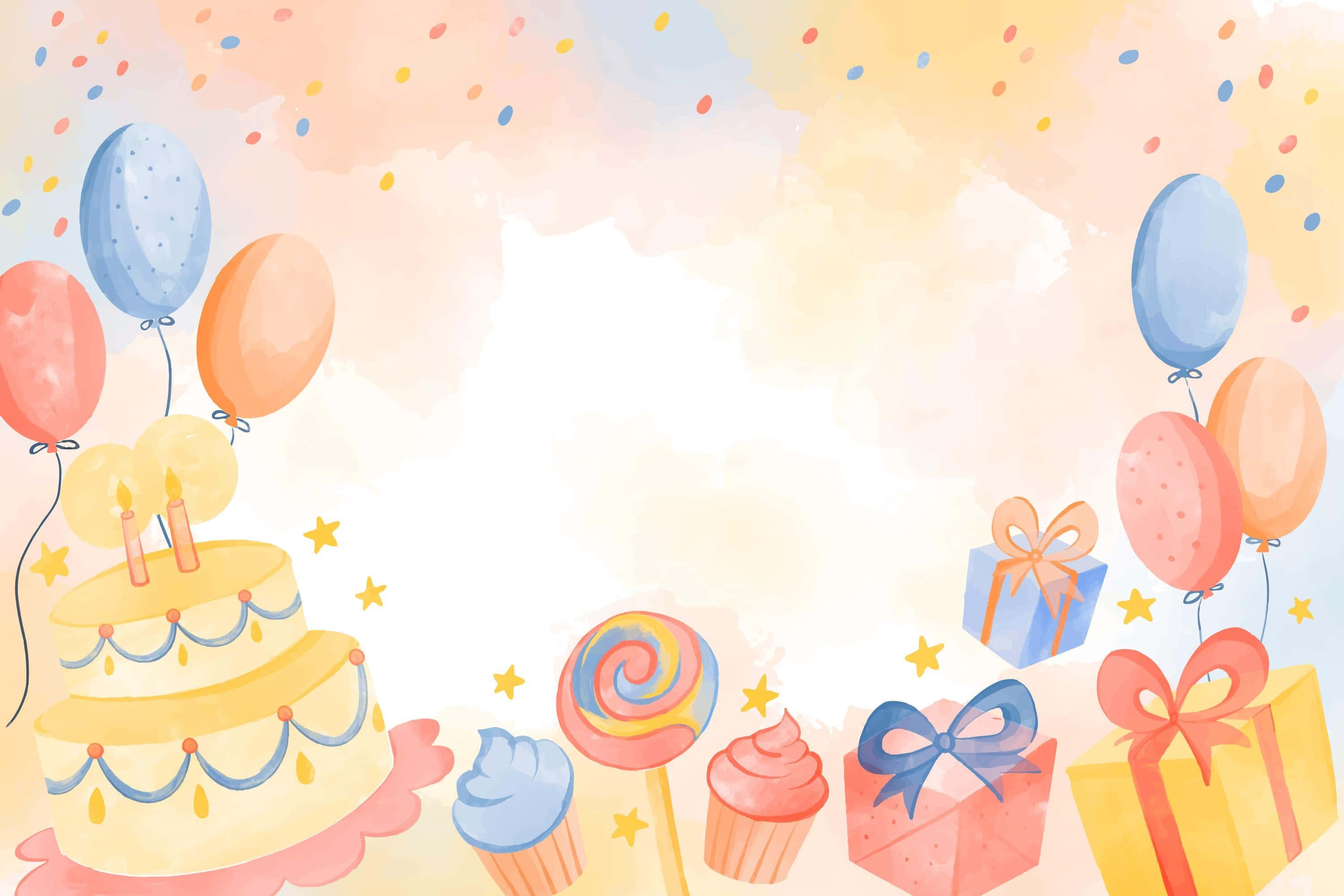 蛋糕 桌布 壁紙 — 一個歡樂的水彩生日場景，有蛋糕、氣球、禮物和糖果，背景是粉彩紙屑天空。