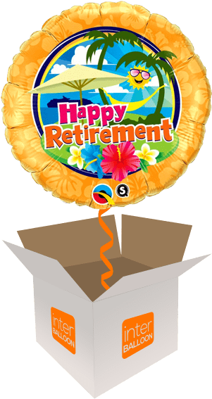 Retirement 桌布 壁紙 — 一個歡樂的熱帶主題退休氣球，上面有棕櫚樹、花朵和微笑的太陽，從一個打開的紙箱中出現。