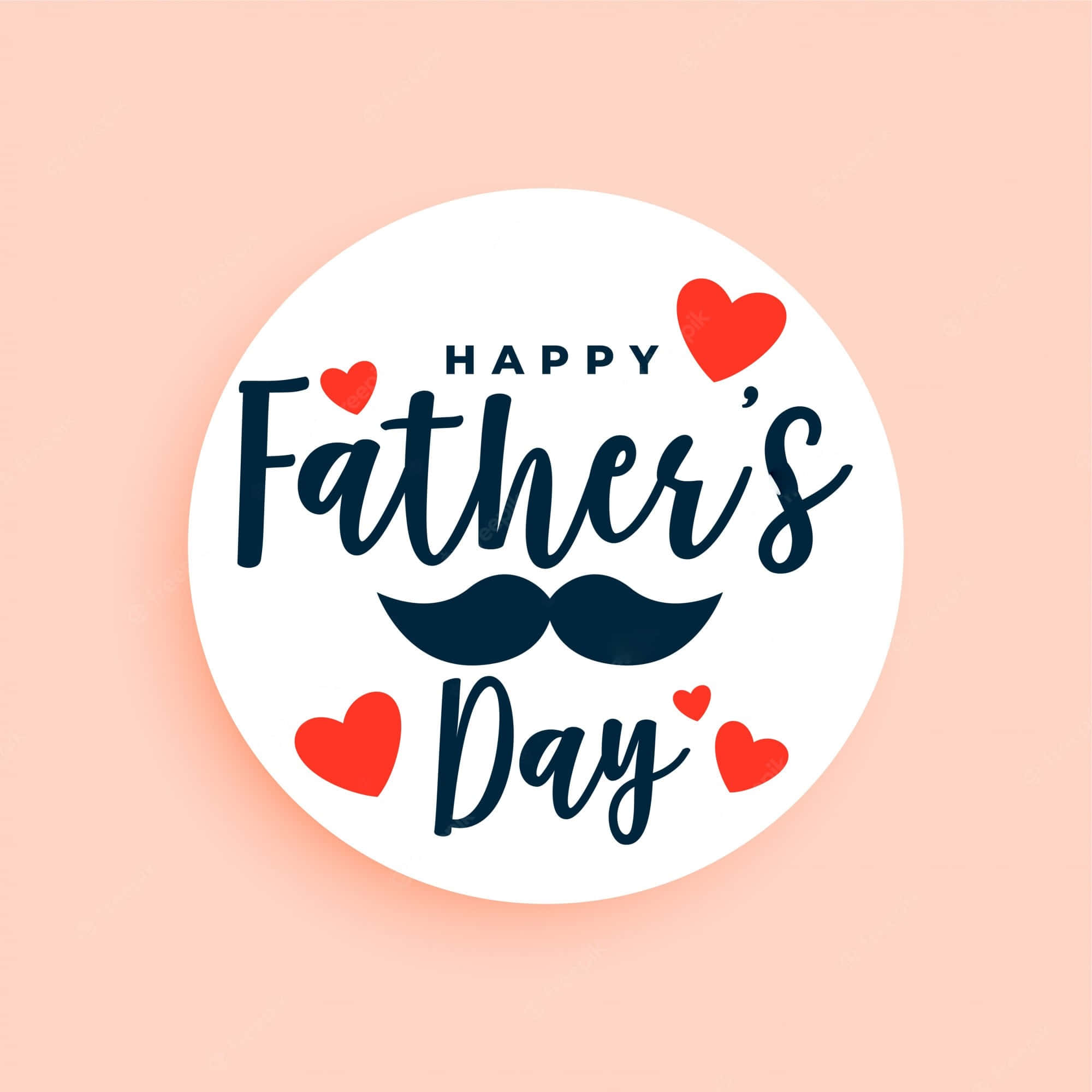 Father 桌布 壁紙 — 一個歡樂的父親節圖案，海軍藍手寫文字和鬍鬚被紅色心形環繞，背景是柔和的桃色。