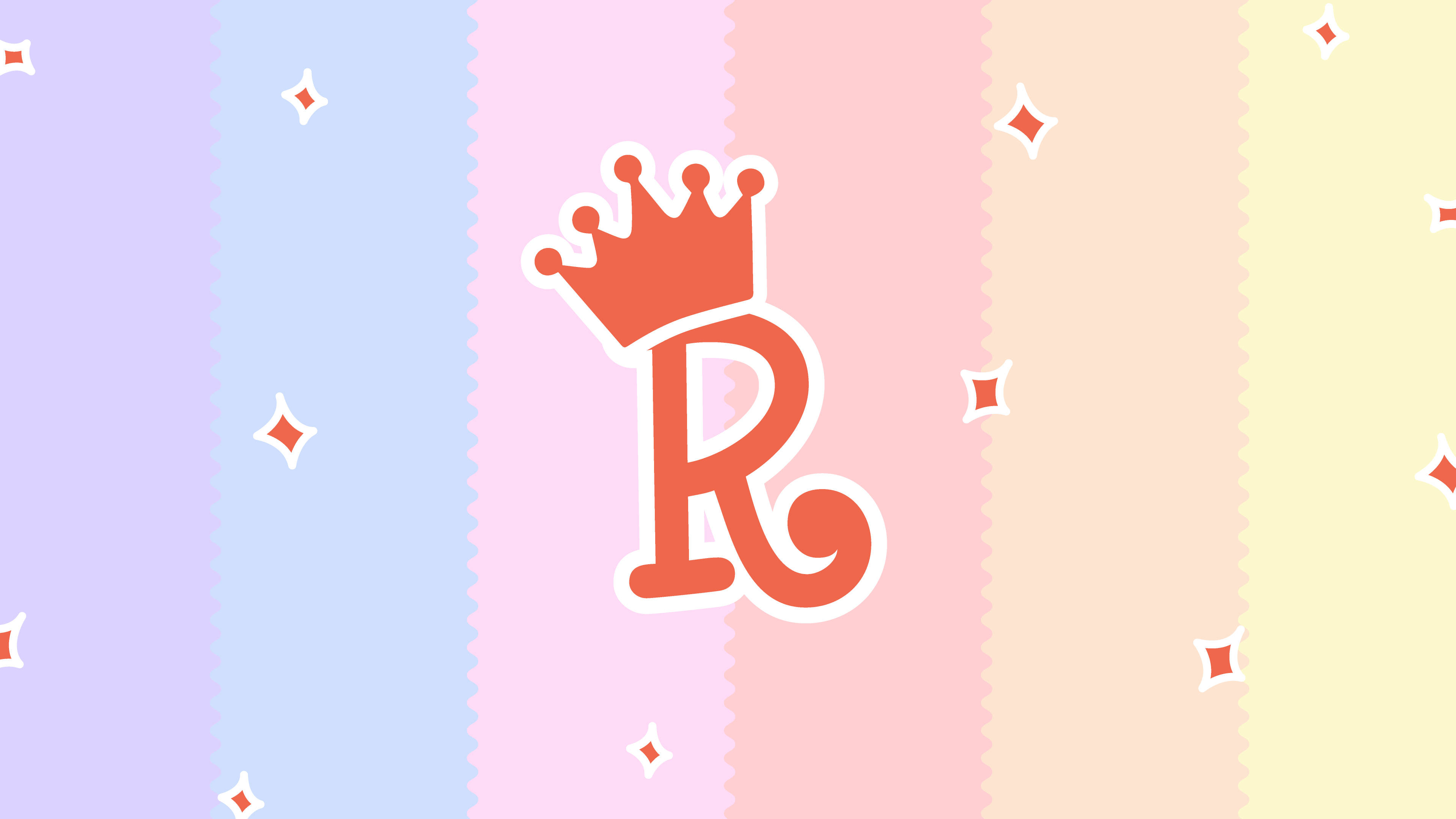 R 桌布 壁紙 — 一個歡樂的珊瑚皇冠字母R，居中於帶有散落鑽石閃光的粉彩垂直條紋上。