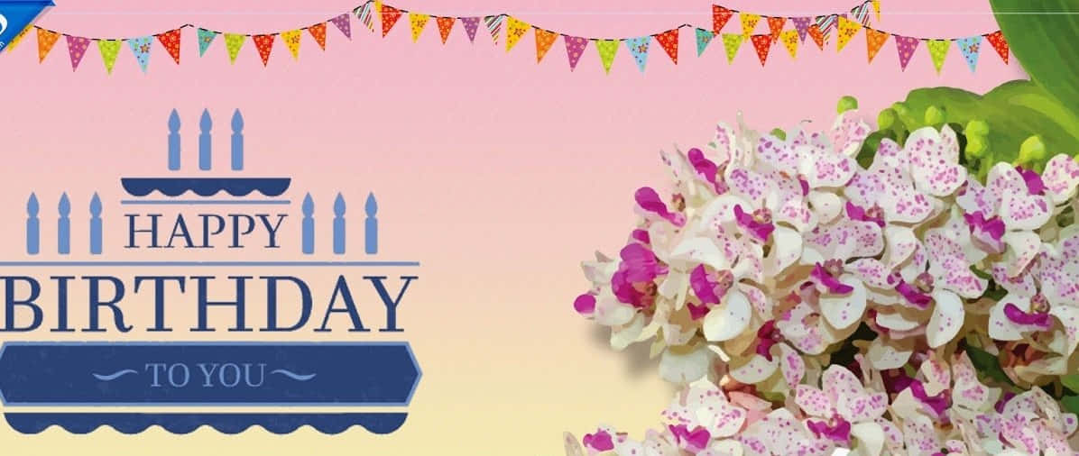 Birthday 桌布 壁紙 — 一個歡樂的生日橫幅，上面有彩色旗幟和粉白相間的斑點花朵，背景是柔和的漸變天空。