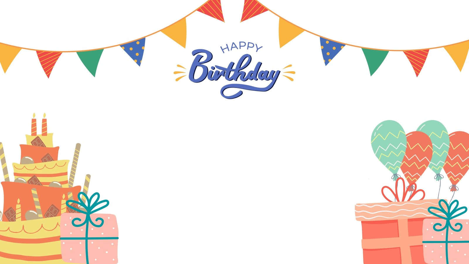 Banner 桌布 壁紙 — 一個歡樂的生日橫幅，配有彩色旗幟、蛋糕、禮物和氣球，慶祝節日場合。