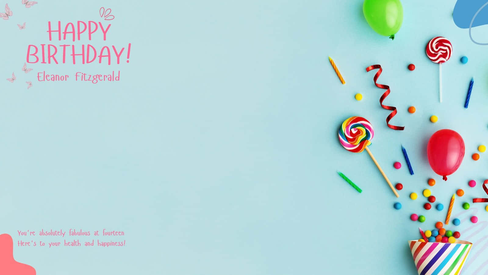 Party 桌布 壁紙 — 一個歡樂的生日祝福，色彩繽紛的糖果、氣球和棒棒糖散落在淺藍色背景上。