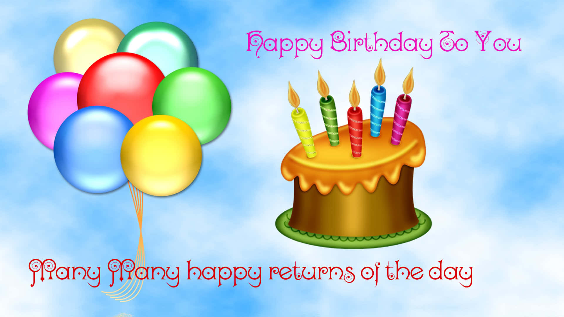 Birthday Wishes 桌布 壁紙 — 一個歡樂的生日蛋糕，上面有五根點燃的蠟燭和一簇色彩繽紛的氣球，背景是明亮的藍天。