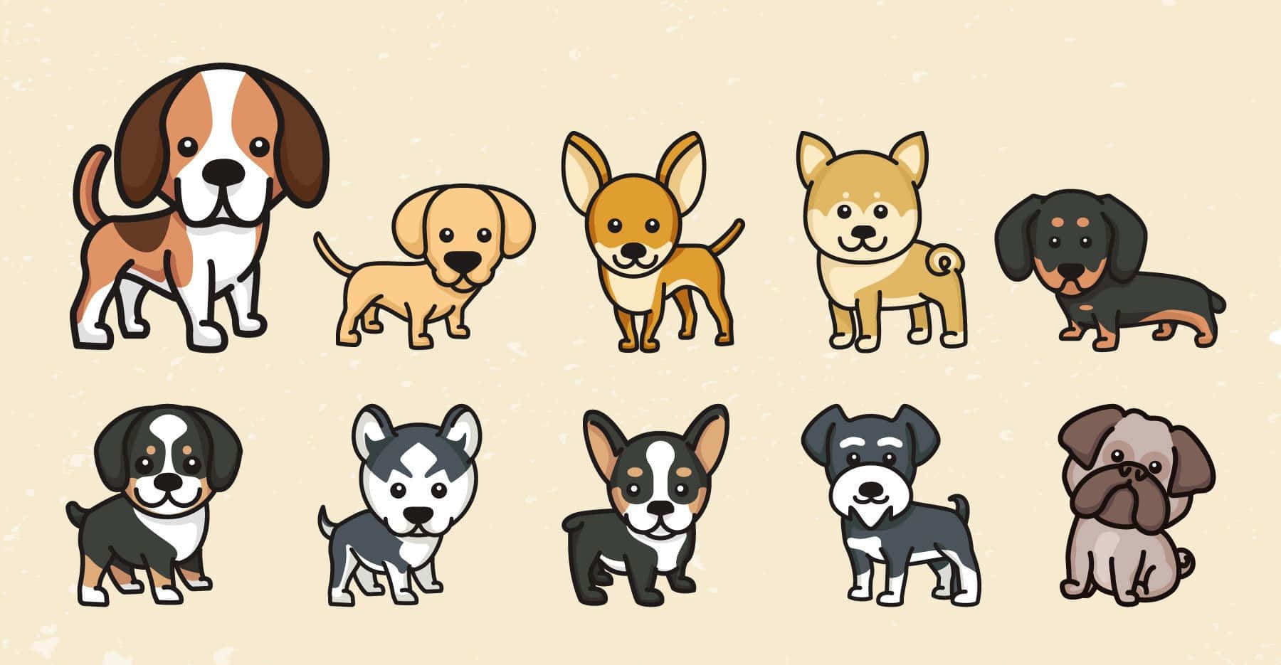 Kawaii Dog 桌布 壁紙 — 一個歡樂的系列，包含八種卡通風格的狗品種，具有簡單的輪廓和柔和的粉彩背景。