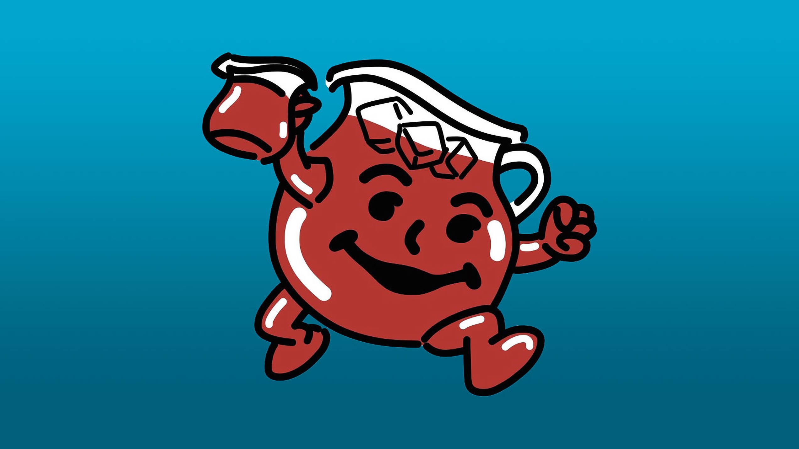 Kool Aid Man 桌布 壁紙 — 一個歡樂的紅色卡通水壺，帶有白色手柄和冰塊，在漸變藍色背景上歡快地跳躍。