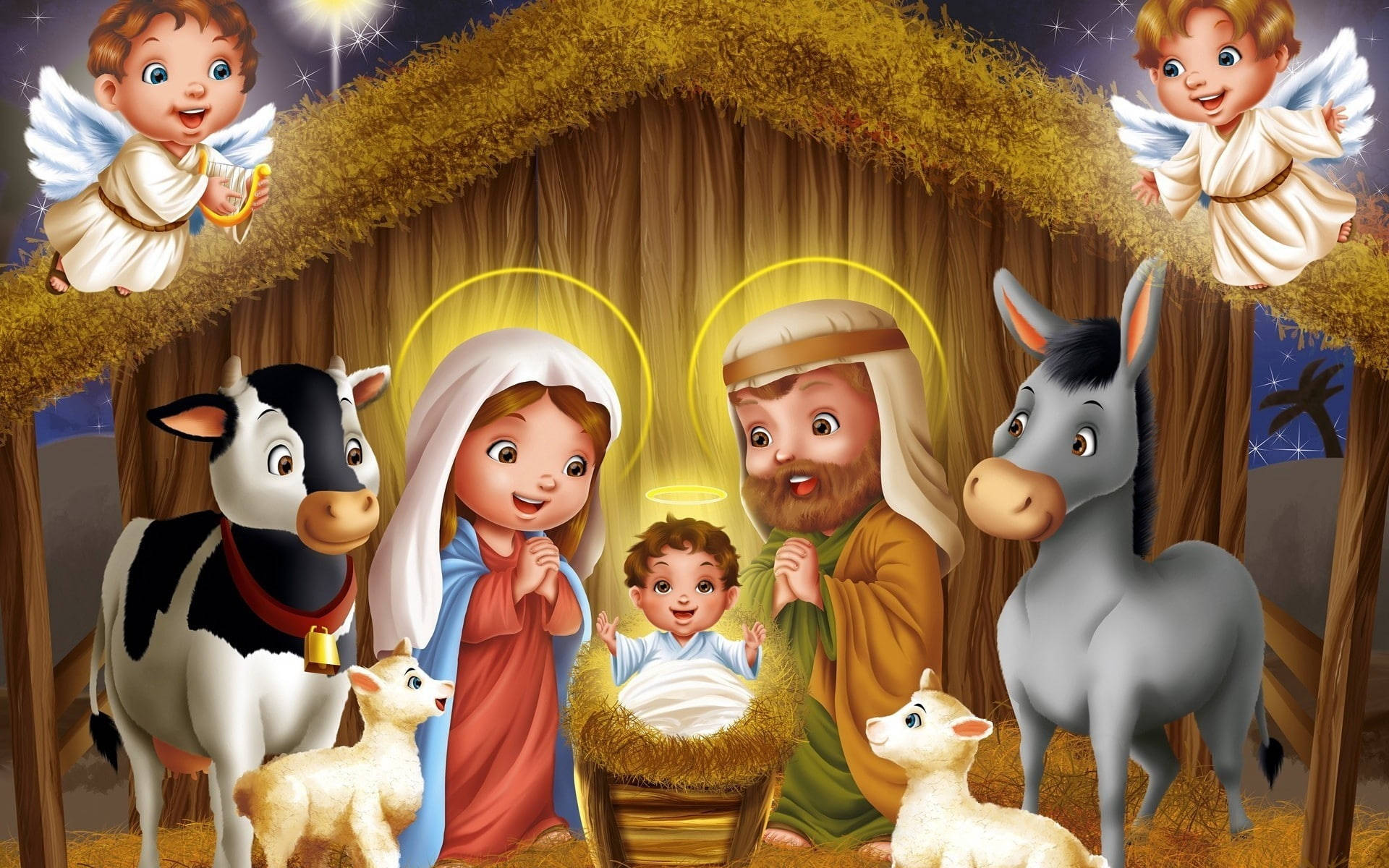 Christ 桌布 壁紙 — 一個歡樂的耶穌誕生場景，有瑪利亞、約瑟、嬰兒耶穌、天使、牛、驢和羊，背景是繁星點點的夜空。
