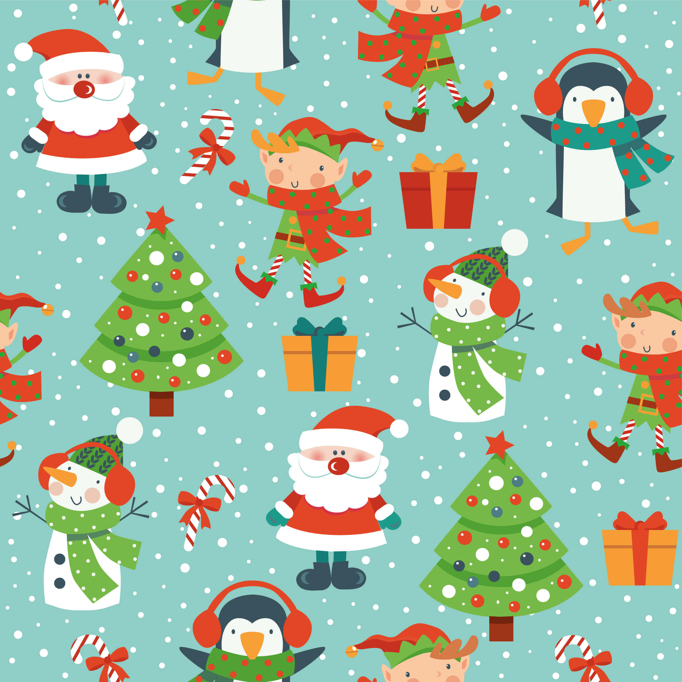 Christmas Elves 桌布 壁紙 — 一個歡樂的聖誕圖案， featuring 聖誕老人、精靈、企鵝、雪人和裝飾樹，背景是雪白的 teal 色。