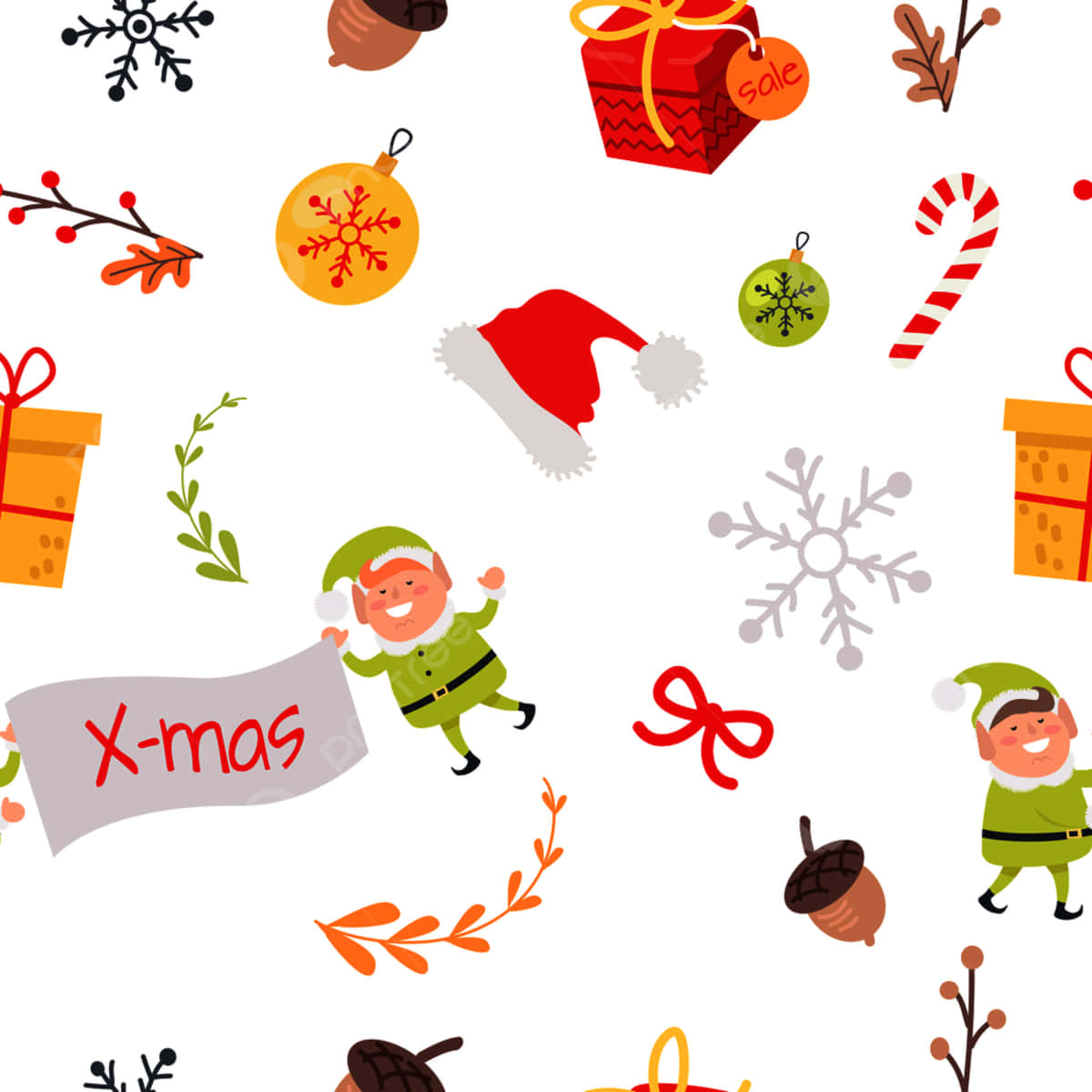 Christmas Elves 桌布 壁紙 — 一個歡樂的聖誕圖案，精靈、雪花、拐杖糖和禮物散落在白色背景上。