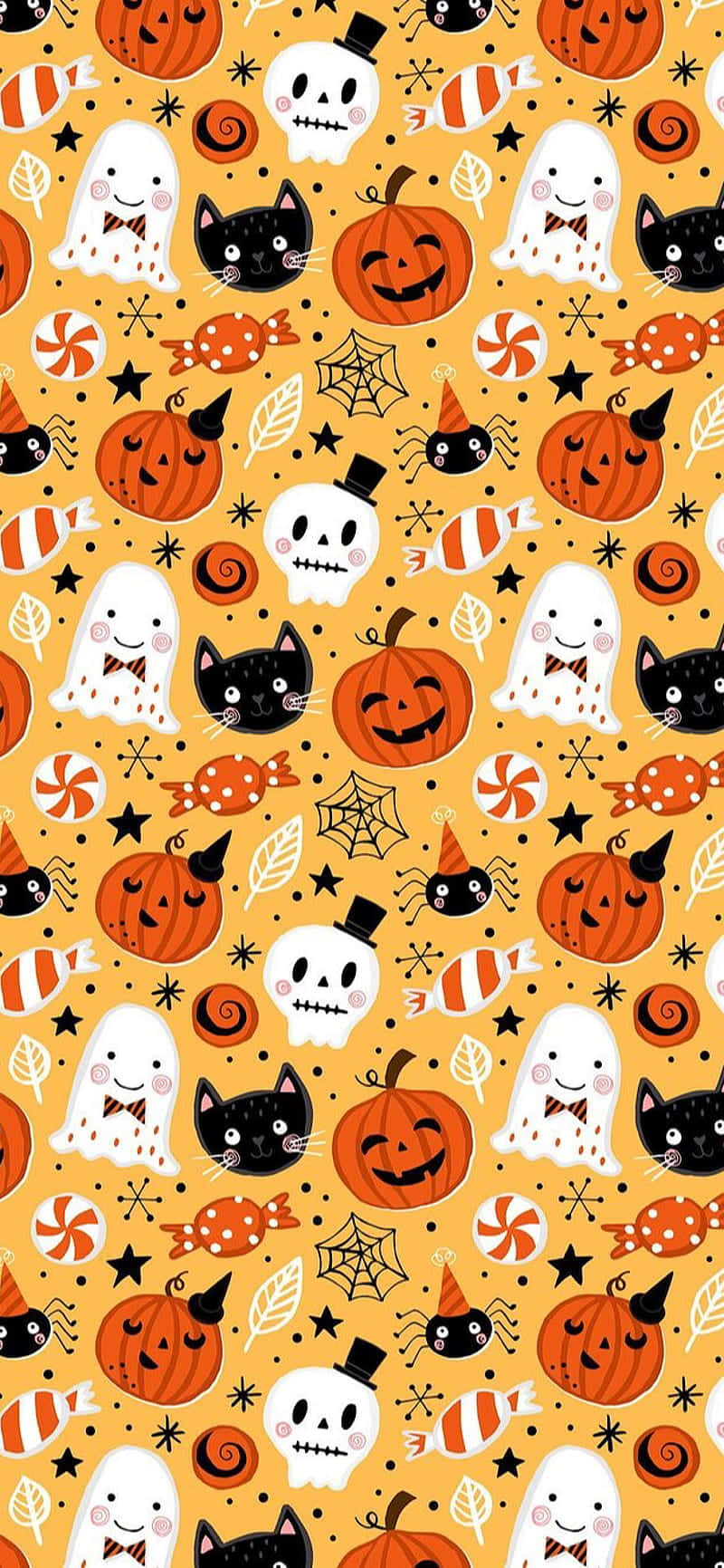 iPhone Cute Halloween 桌布 壁紙 — 一個歡樂的萬聖節壁紙圖案，有微笑的南瓜、鬼魂、黑貓和糖果，在溫暖的橙色背景上。
