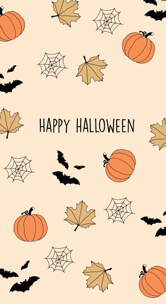 Happy Halloween 桌布 壁紙 — 一個歡樂的萬聖節桌布，在米色背景上有橙色南瓜、棕色樹葉、黑色蝙蝠和蜘蛛網。