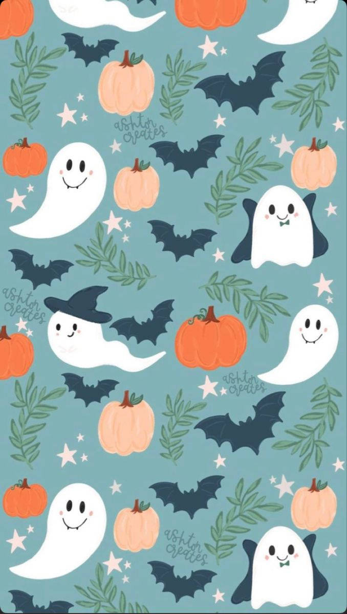 Halloween Aesthetic 桌布 壁紙 — 一個歡樂的萬聖節桌布，在青綠色背景上有可愛的幽靈、南瓜、蝙蝠和樹葉。