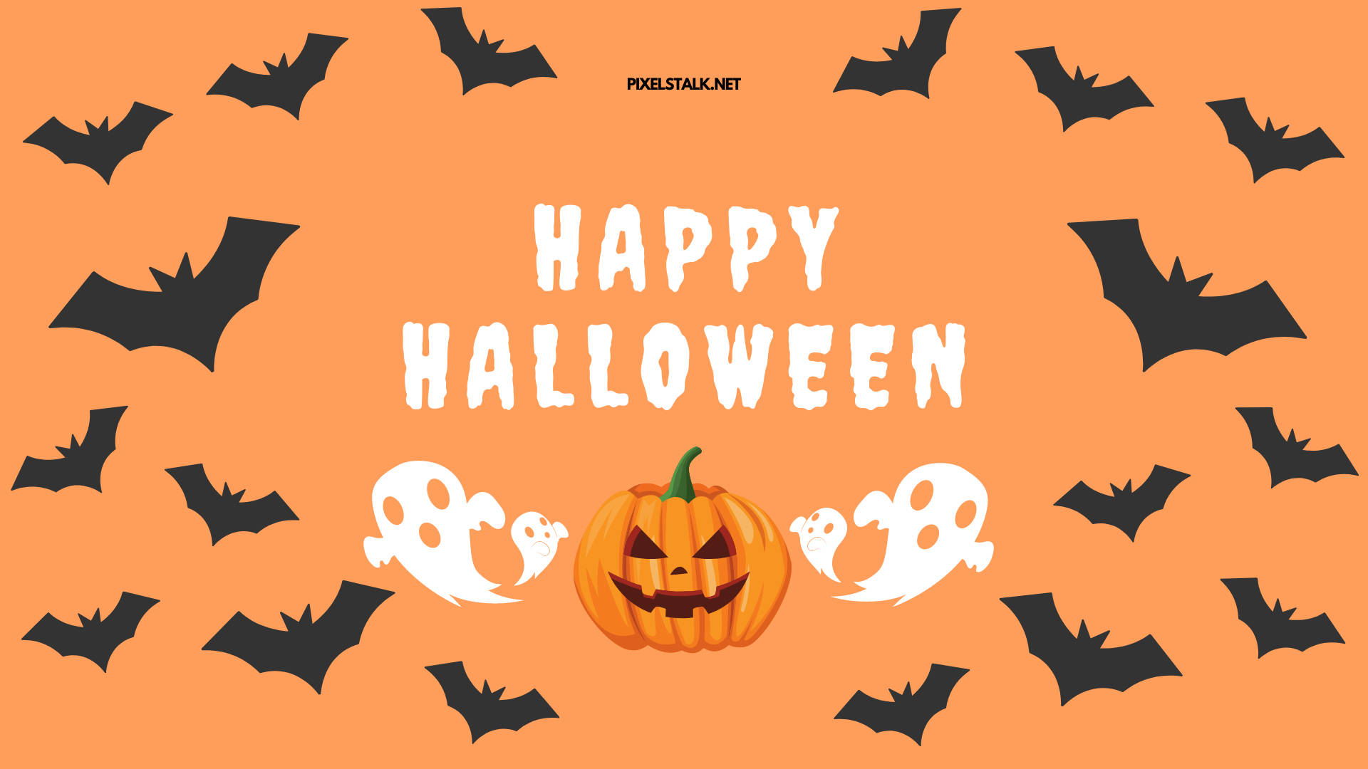 Halloween Phone 桌布 壁紙 — 一個歡樂的萬聖節桌布，微笑的傑克南瓜燈兩側有鬼魂和蝙蝠在橙色背景上飛翔。