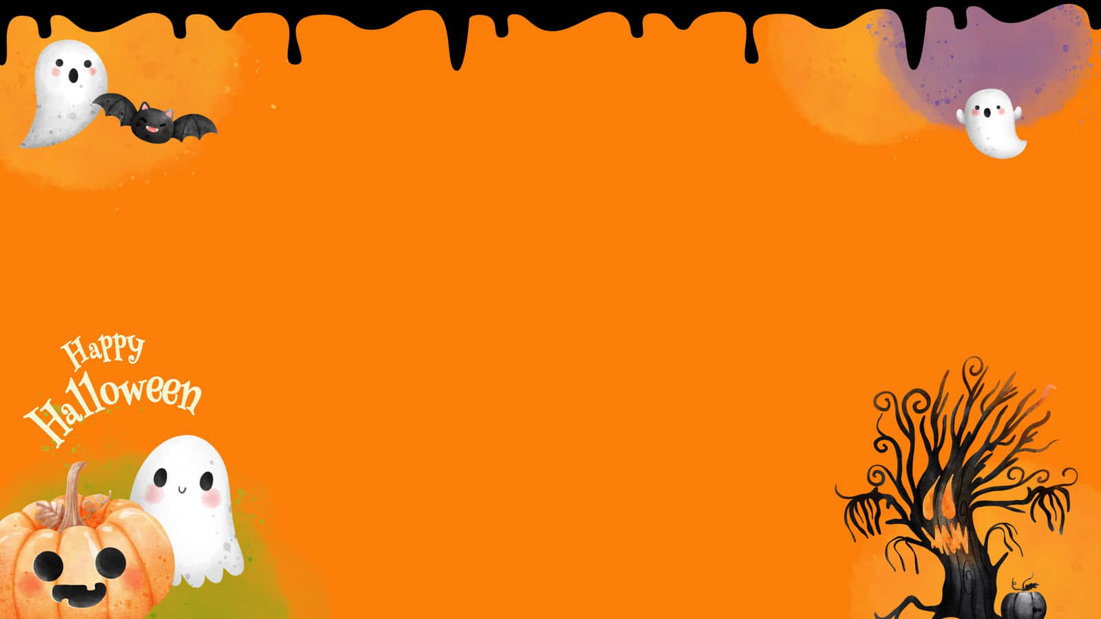 Halloween Desktop 桌布 壁紙 — 一個歡樂的萬聖節桌布，有可愛的鬼魂、蝙蝠、南瓜和一棵陰森的樹，在橙色背景上有黑色滴落。