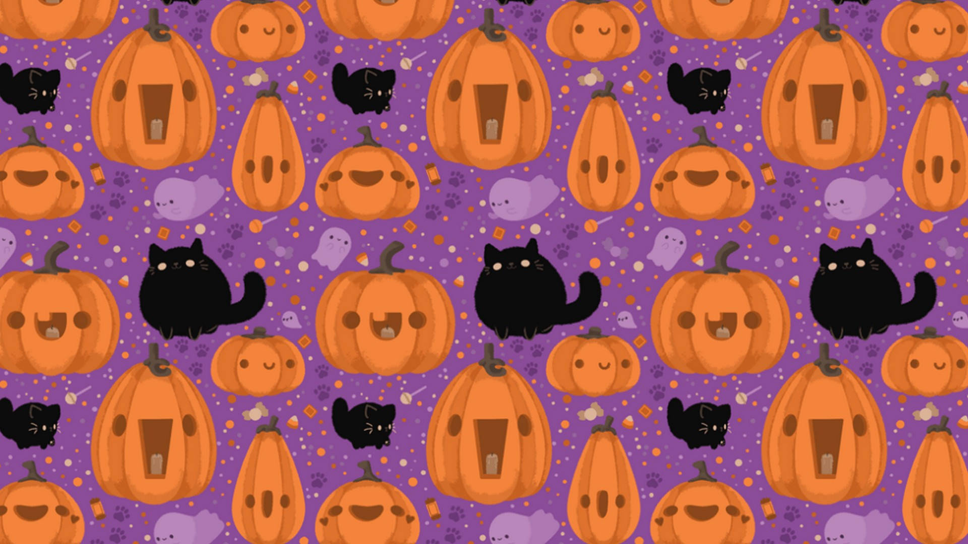 Cute Aesthetic Halloween 桌布 壁紙 — 一個歡樂的萬聖節桌布，有微笑的橙色南瓜、黑貓和紫色鬼魂，背景是充滿活力的紫色。