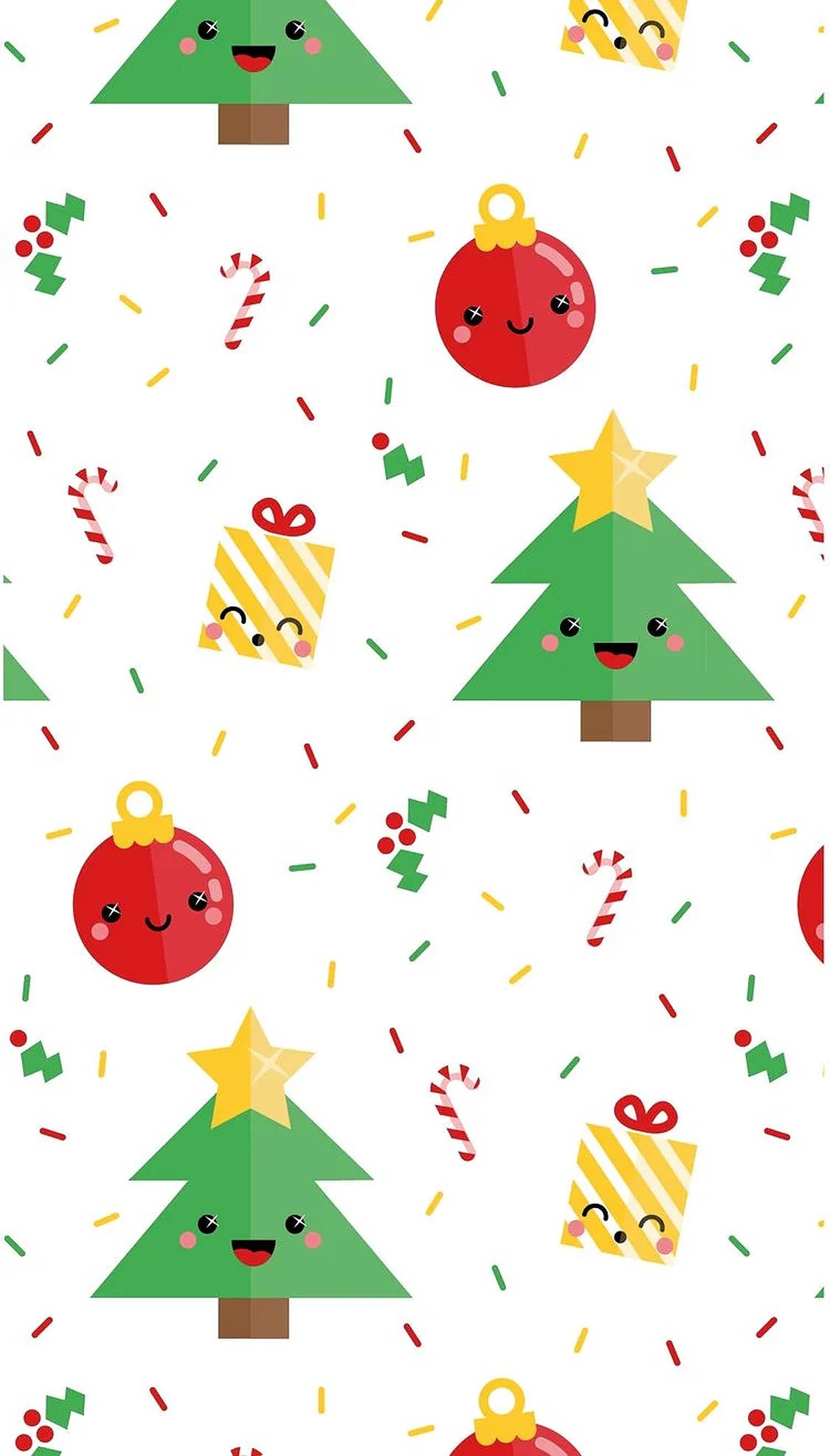 可愛聖誕節 桌布 壁紙 — 一個歡樂的重複圖案，包含可愛的聖誕樹、裝飾品、拐杖糖和禮物，帶有笑臉，背景為白色。