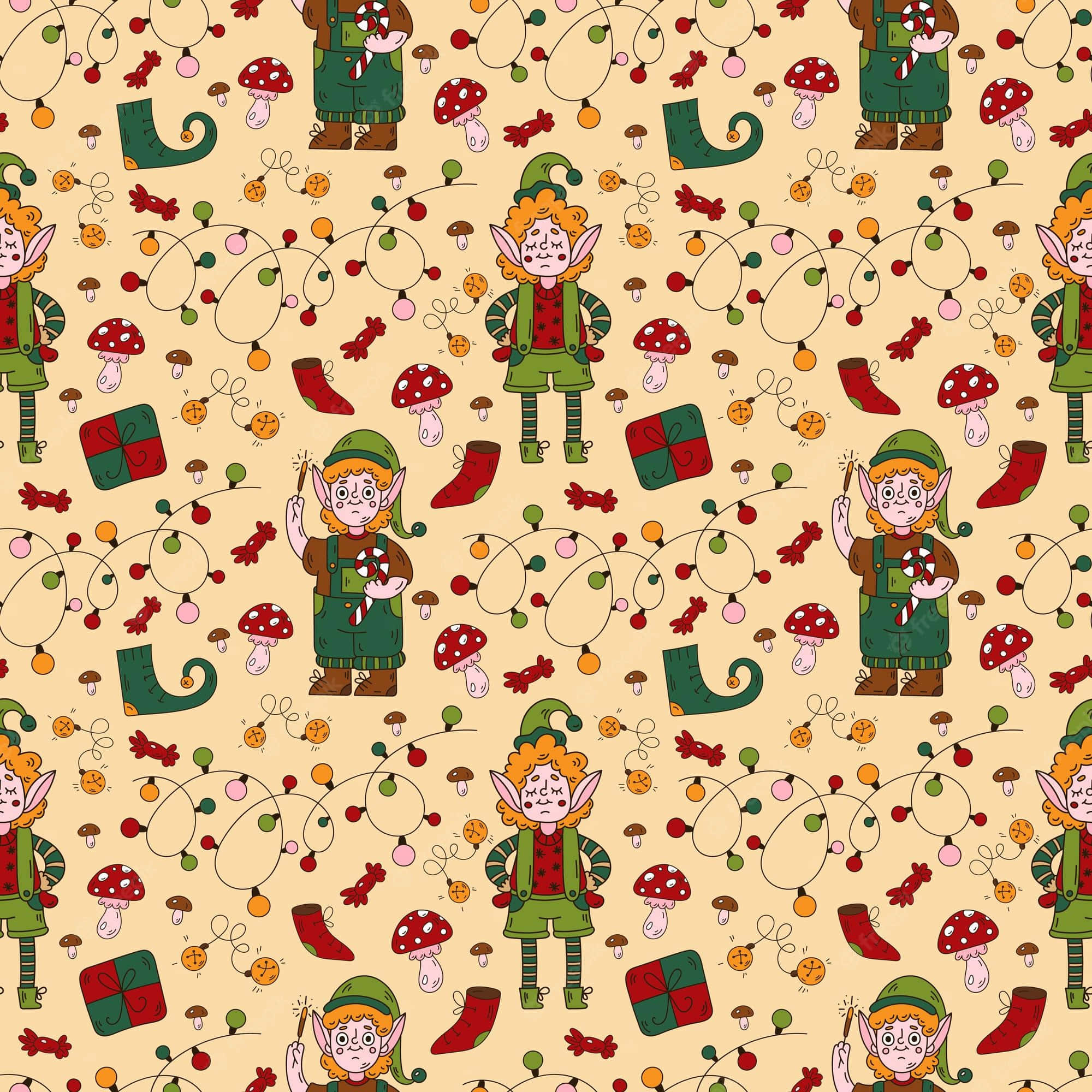 Christmas Elves 桌布 壁紙 — 一個歡樂的重複圖案，卡通精靈在節日燈光、蘑菇和襪子中手持拐杖糖，背景為米色。