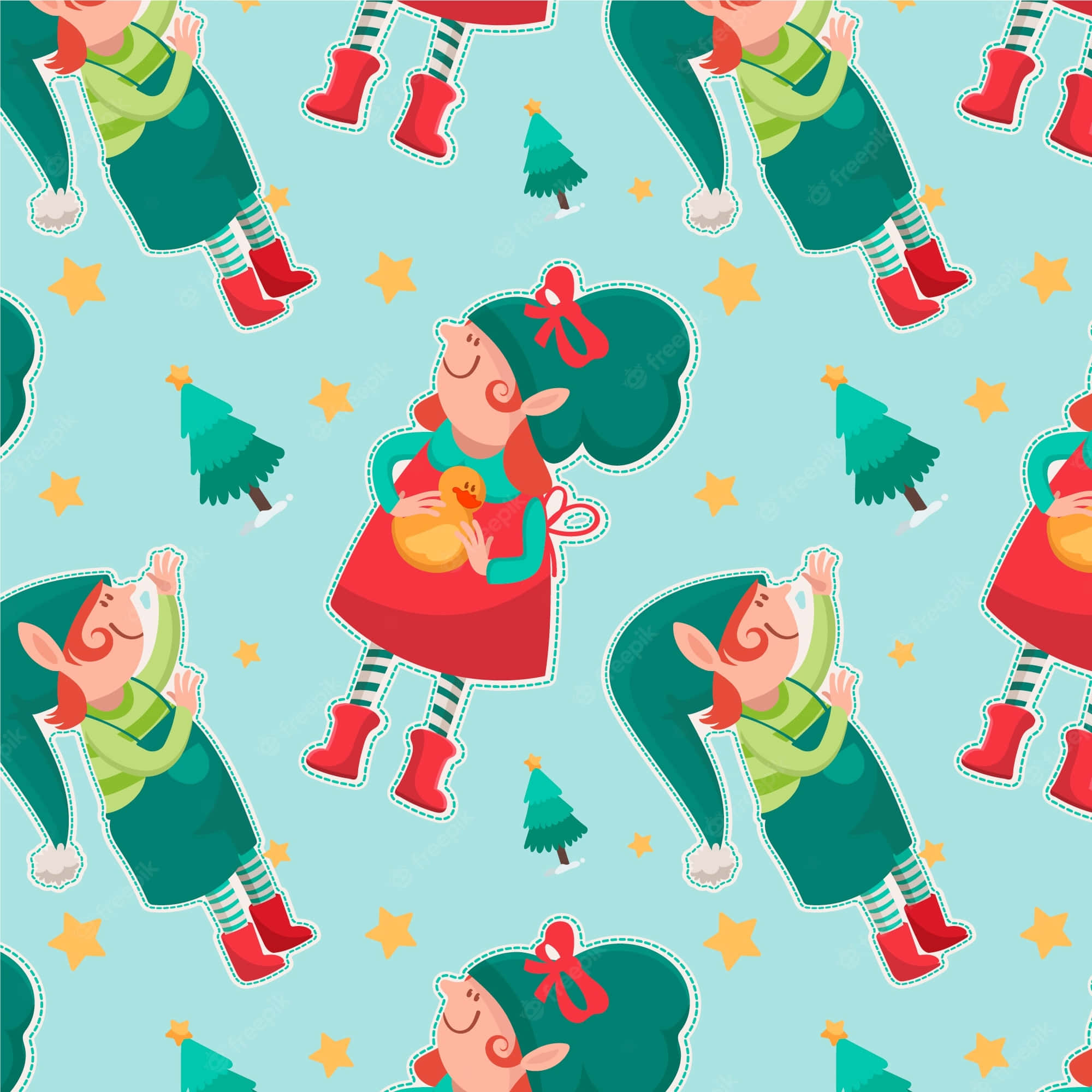 Christmas Elves 桌布 壁紙 — 一個歡樂的重複圖案，卡通精靈穿著紅色靴子，抱著一隻小鴨，配上小聖誕樹和星星，背景是淺藍色。