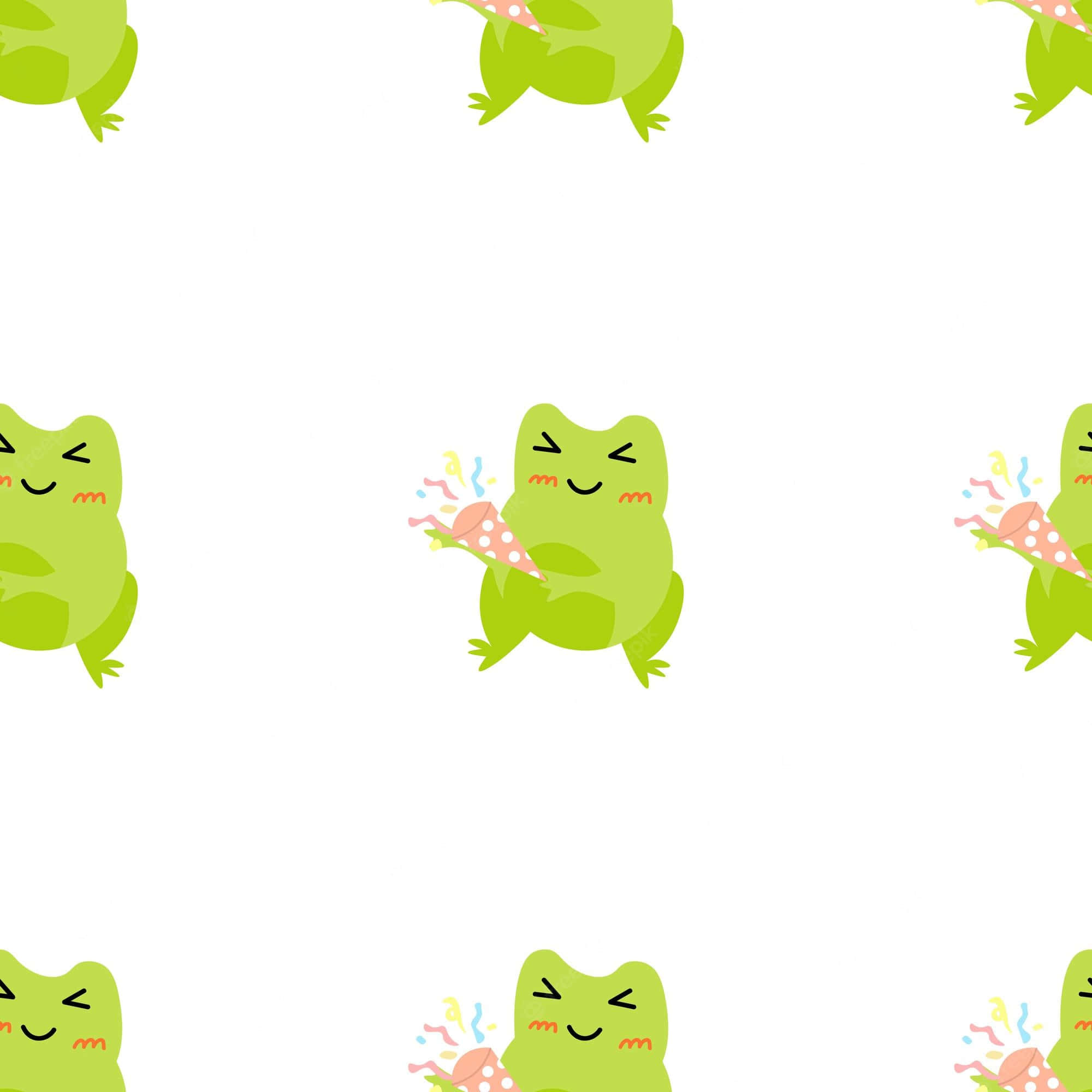 Frog 桌布 壁紙 — 一個歡樂的重複圖案，可愛的綠色青蛙戴著派對帽，手持彩色紙帶，背景為白色。