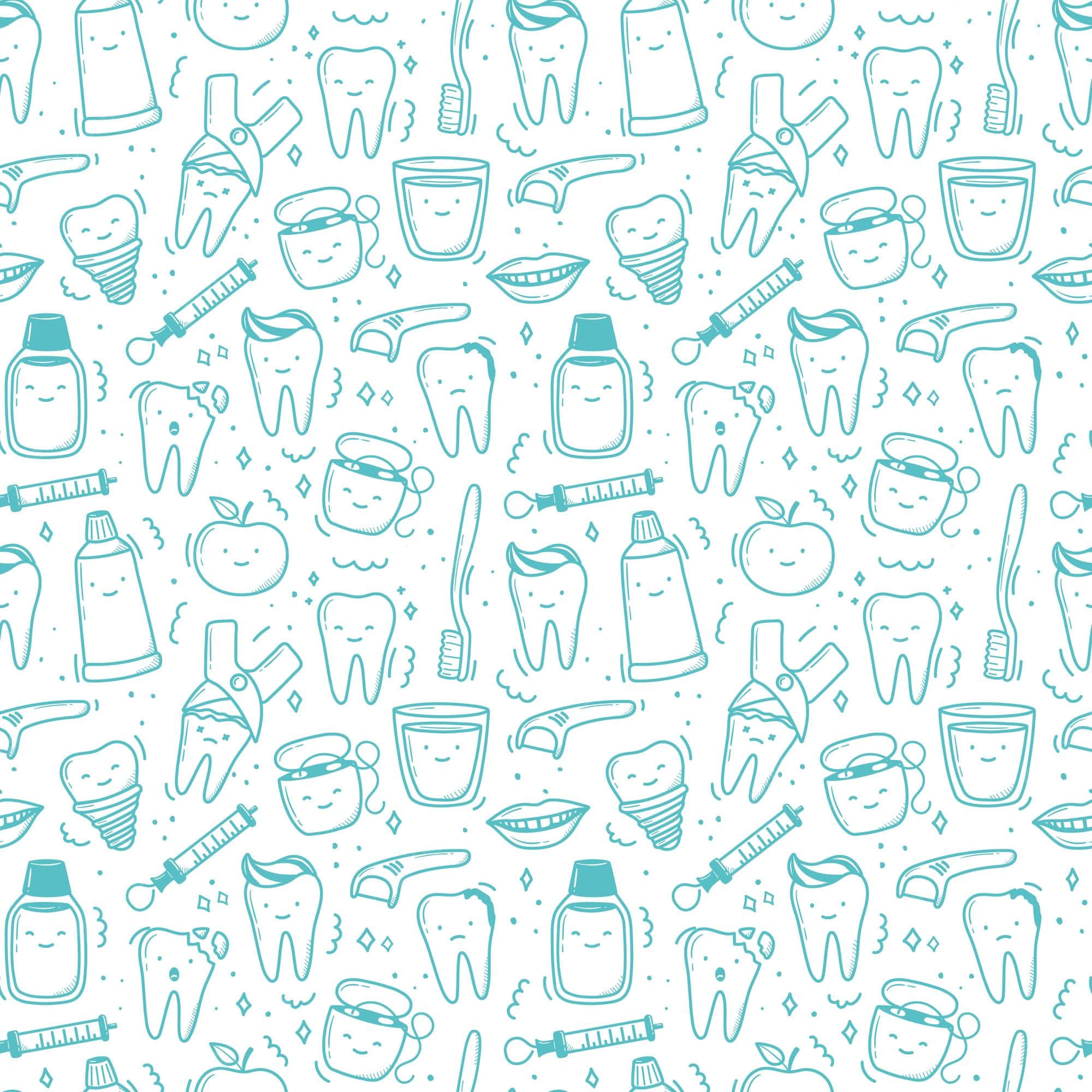 Tooth 桌布 壁紙 — 一個歡樂的青綠色圖案，包含微笑的卡通牙齒、牙科工具和蘋果，背景為白色。