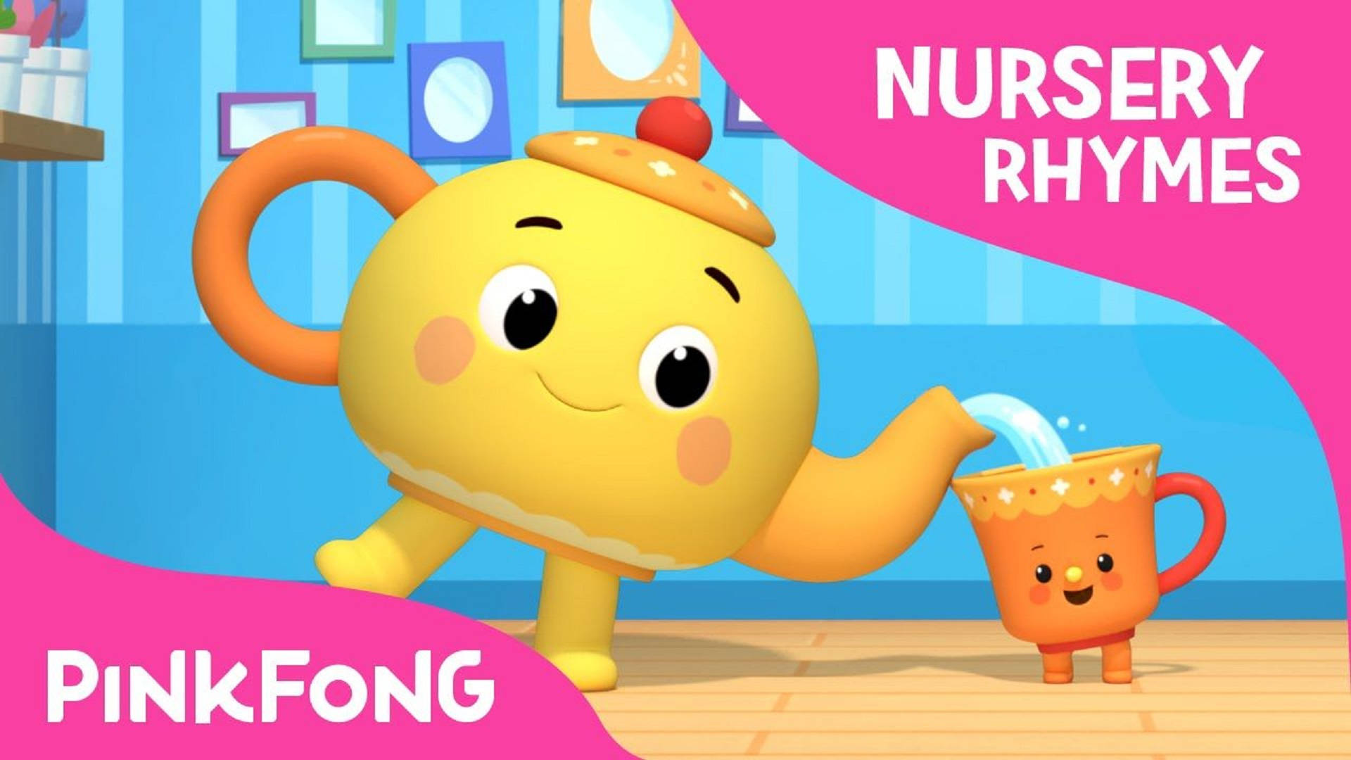 Pinkfong 桌布 壁紙 — 一個歡樂的黃色卡通茶壺在色彩繽紛的育兒室環境中將茶倒入一個微笑的橙色杯子。