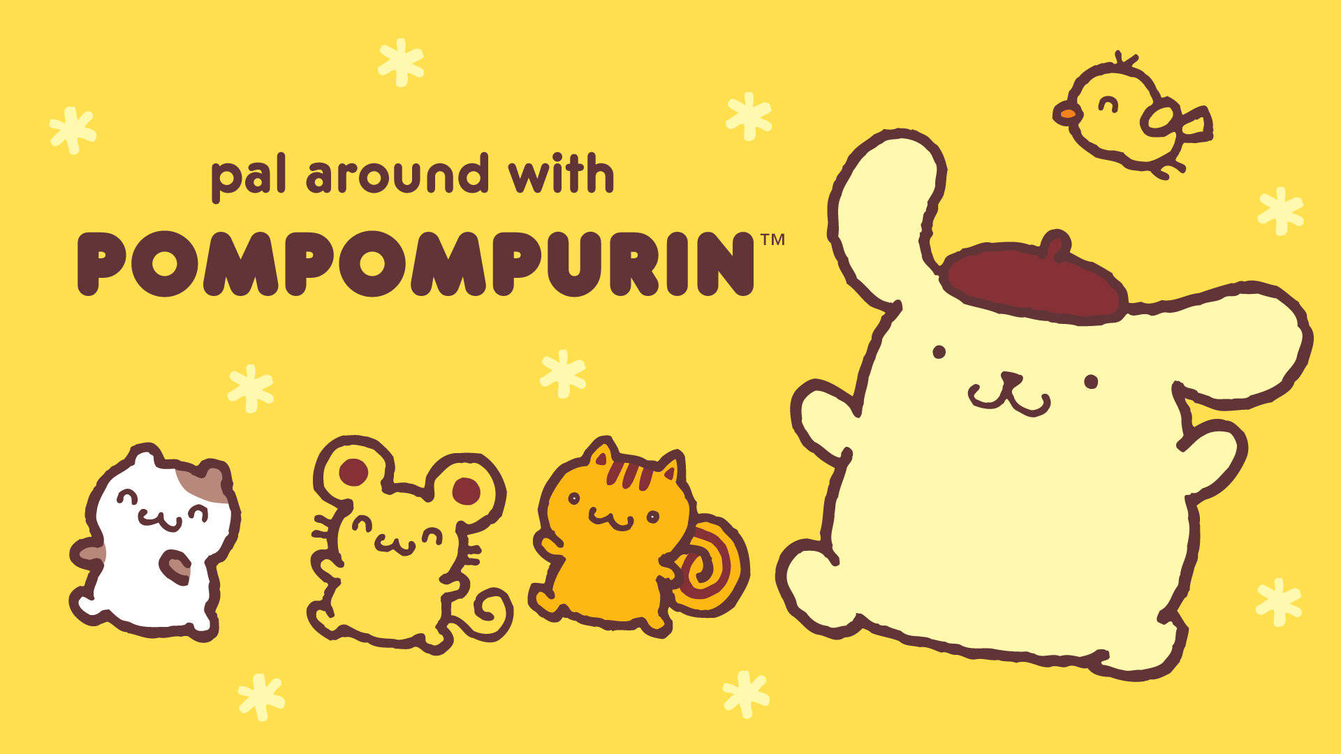 布丁狗 桌布 壁紙 — 一個歡樂的黃色背景，上面有 Pompompurin 和三個小動物朋友，帶著簡單的笑臉和白色星星點綴。