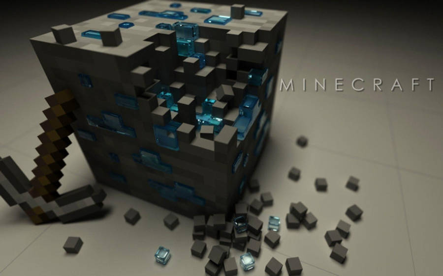 Blue Glitter 桌布 壁紙 — 一個正在用鎬開採的Minecraft鑽石礦石方塊，在簡約灰色背景上露出發光藍色晶體。