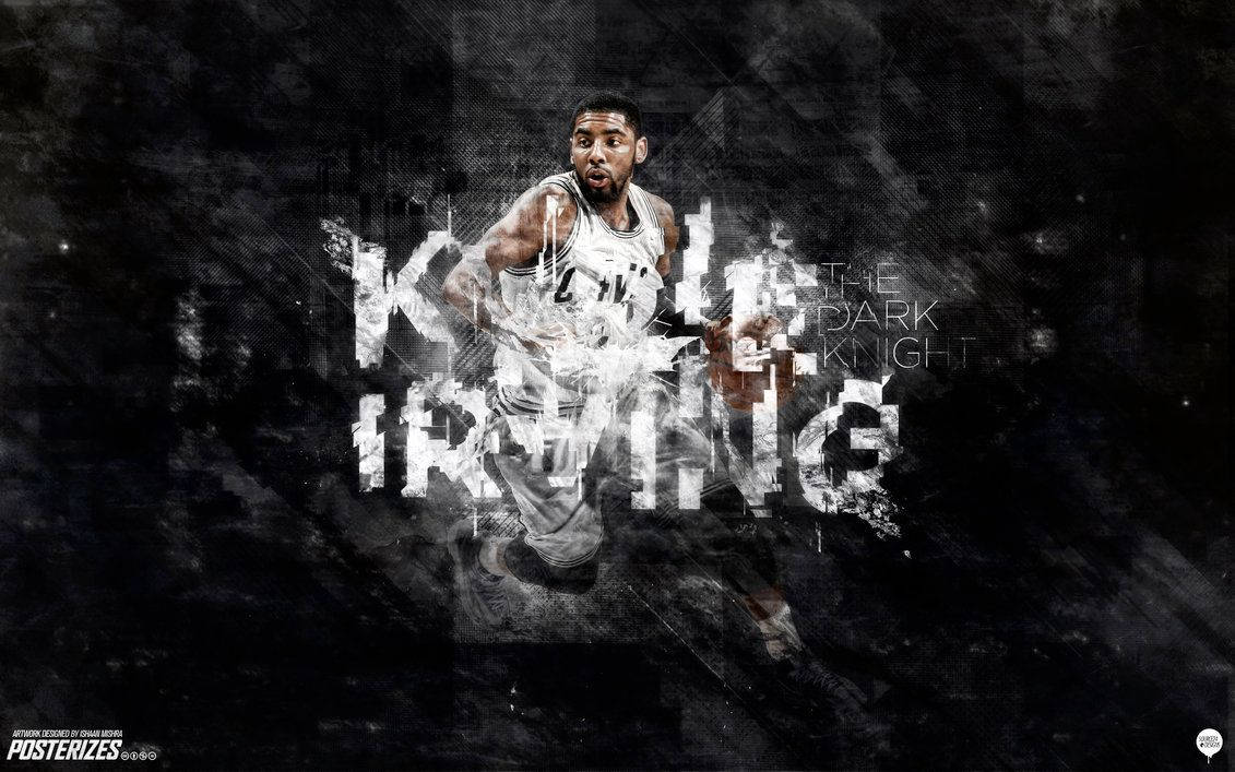 Kyrie 桌布 壁紙 — 一個正在移動的籃球運動員，帶有粗體碎片文字疊加在黑暗粗糙的背景上。