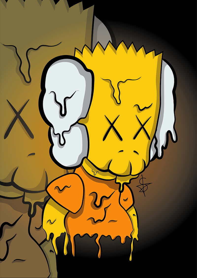 Kaws The Simpsons 桌布 壁紙 — 一個正在融化的卡通角色，有X形眼睛和滴落的顏料，背景為深色。