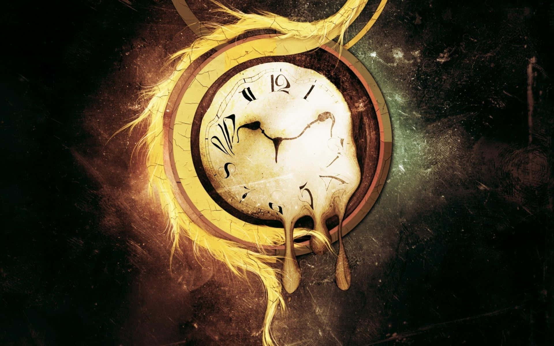 Time 桌布 壁紙 — 一個正在融化的時鐘，帶有滴落的指針和破裂的錶面，被火黃色的卷鬚環繞，背景為深色紋理。