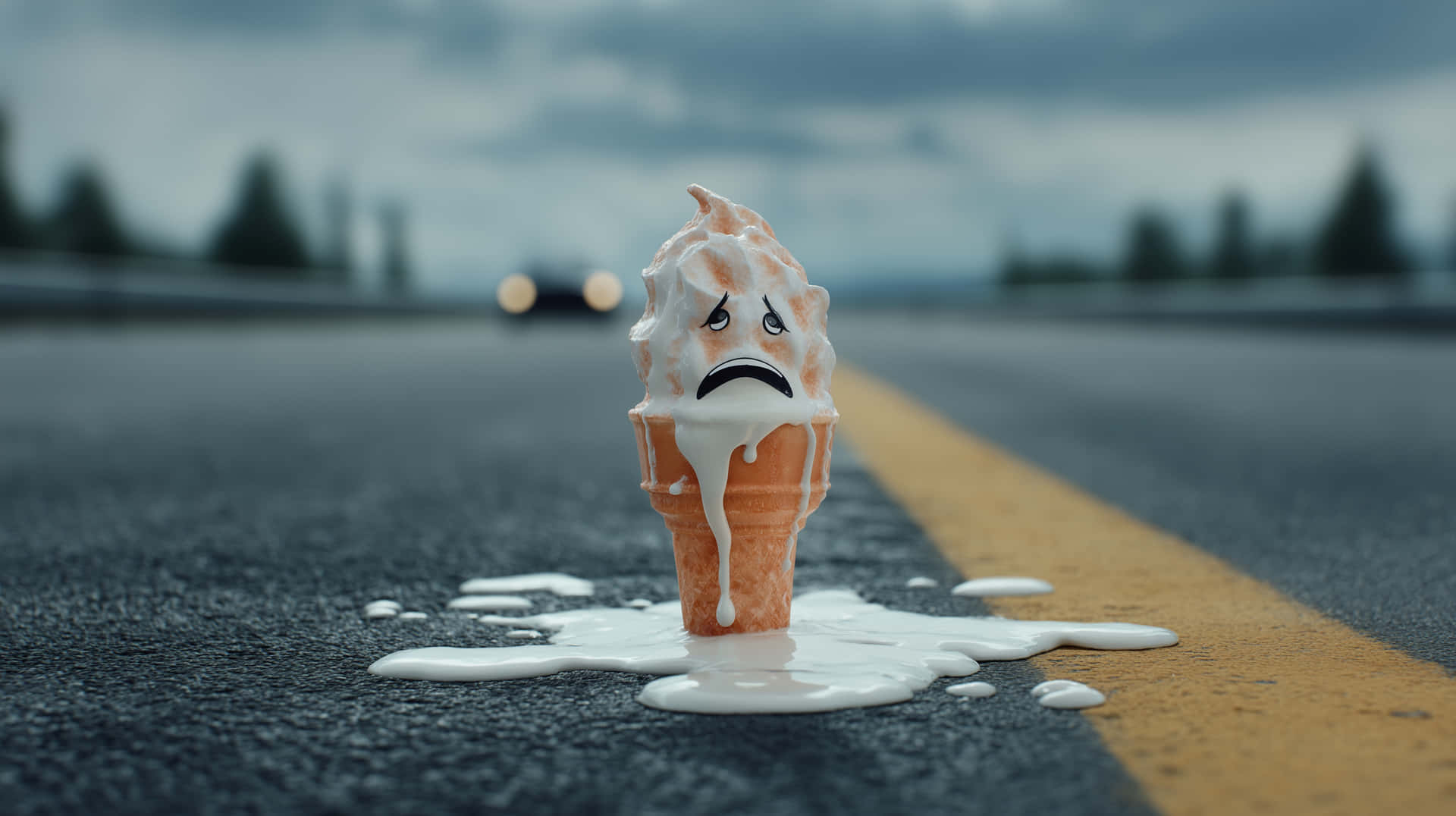 Melting Ice Cream Cone with Sad Face on Road Day 壁紙 — 一個正在融化的甜筒冰淇淋，帶著悲傷的表情，放在潮濕的道路上，旁邊有一條黃線，天空多雲。