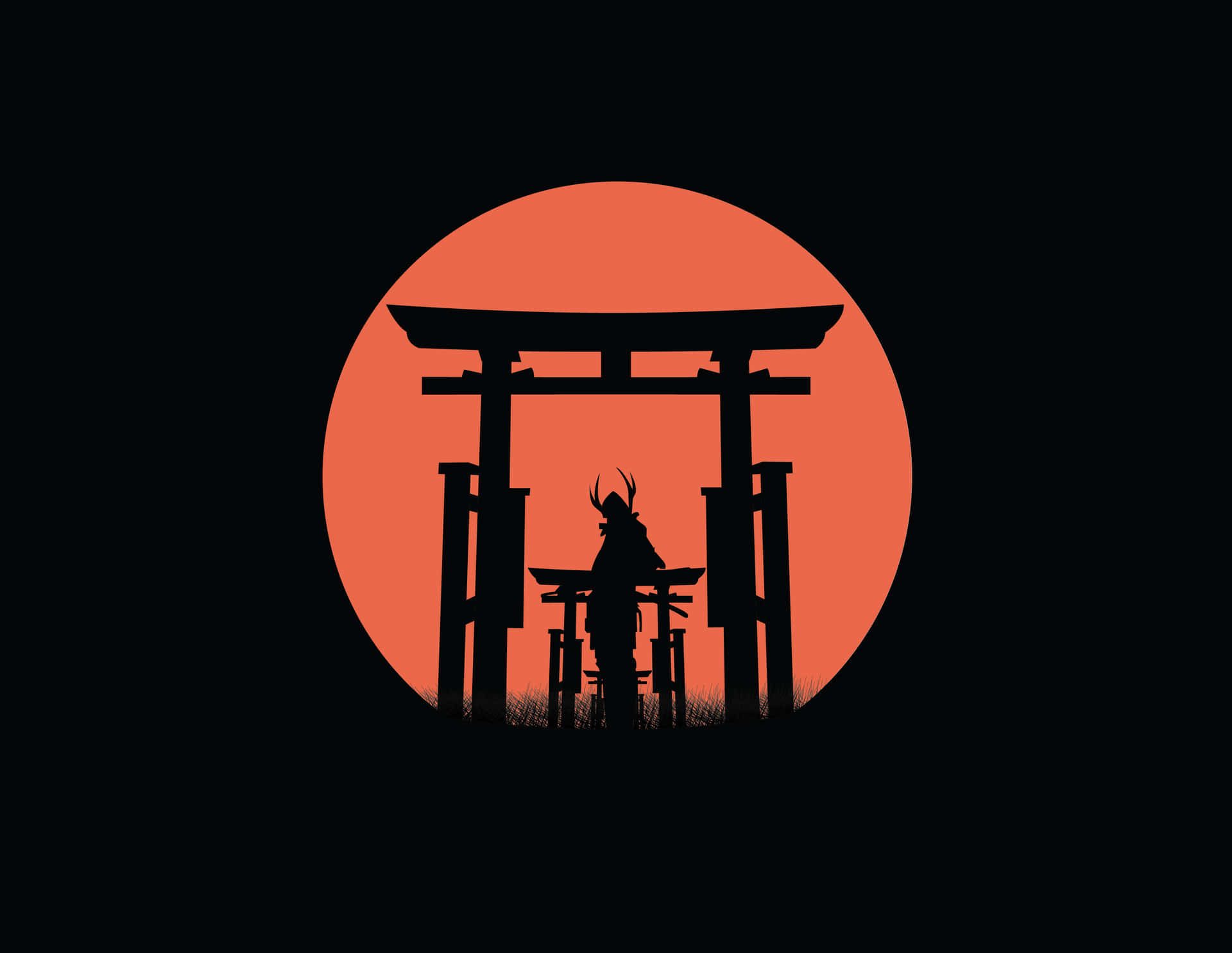 Samurai 壁紙 — 一個武士剪影站在鳥居前，襯托著發光的橙色太陽，背景為黑色。