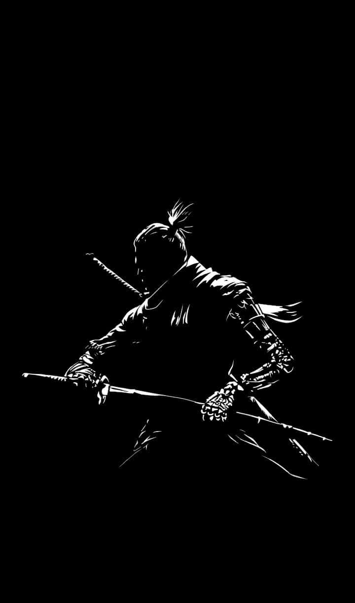 Really 桌布 壁紙 — 一個武士在虛空背景下以動態姿勢手持武士刀的鮮明黑白剪影。