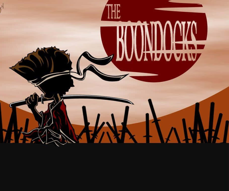 鄉村 桌布 壁紙 — 一個武士風格的角色手持劍，站在帶有 The Boondocks 標題的紅日前的剪影。
