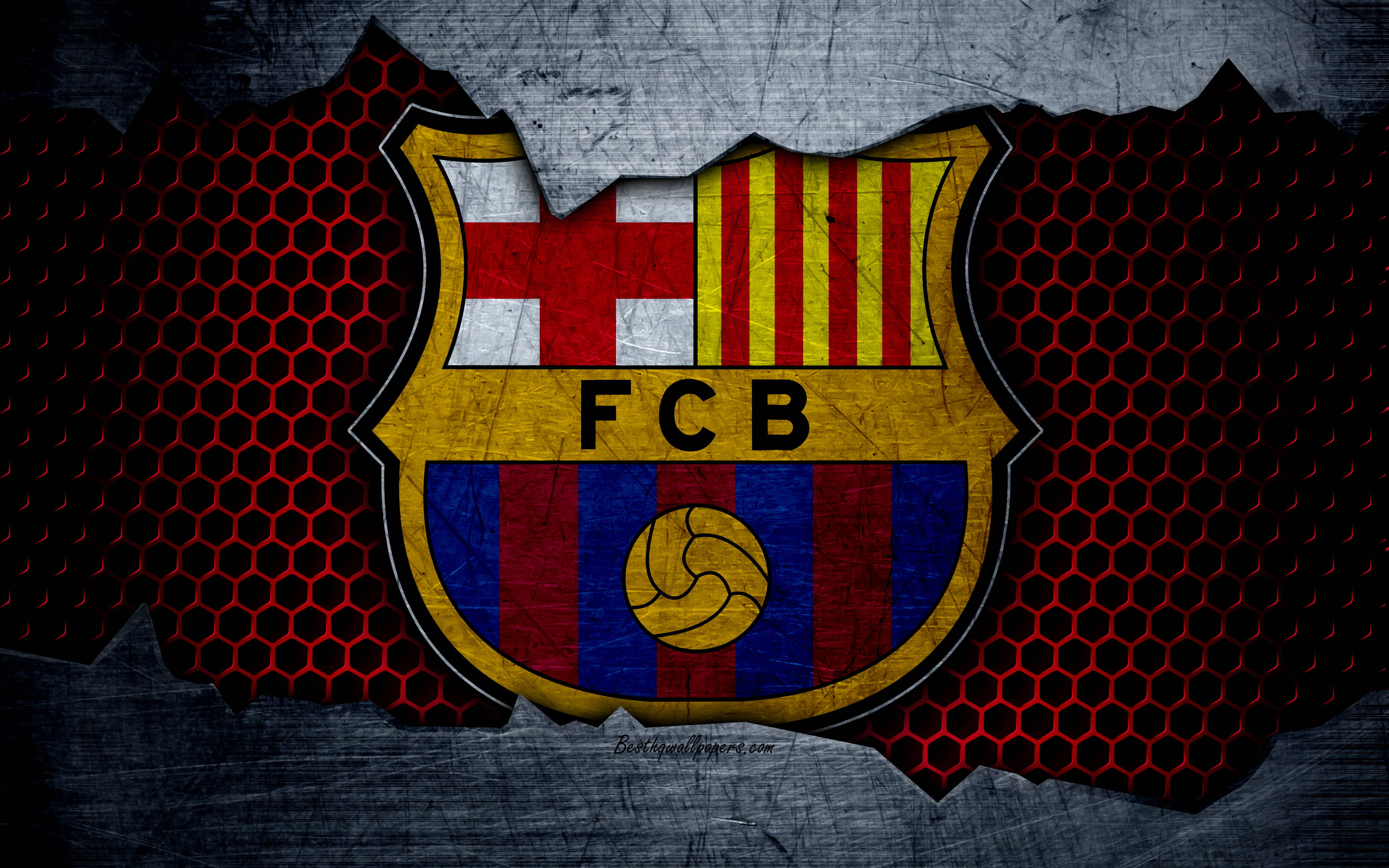 Barcelona 桌布 壁紙 — 一個歷經風霜的FC巴塞隆納會徽，在紅色六角形網格背景上，從破損的金屬表面顯現出來。