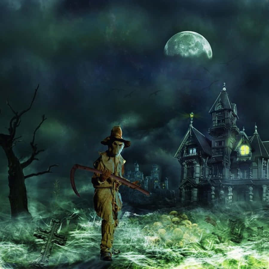 Haunted Mansion 桌布 壁紙 — 一個死神身影站在滿月下的鬧鬼墓地，背景有一座哥德式大宅聳立。