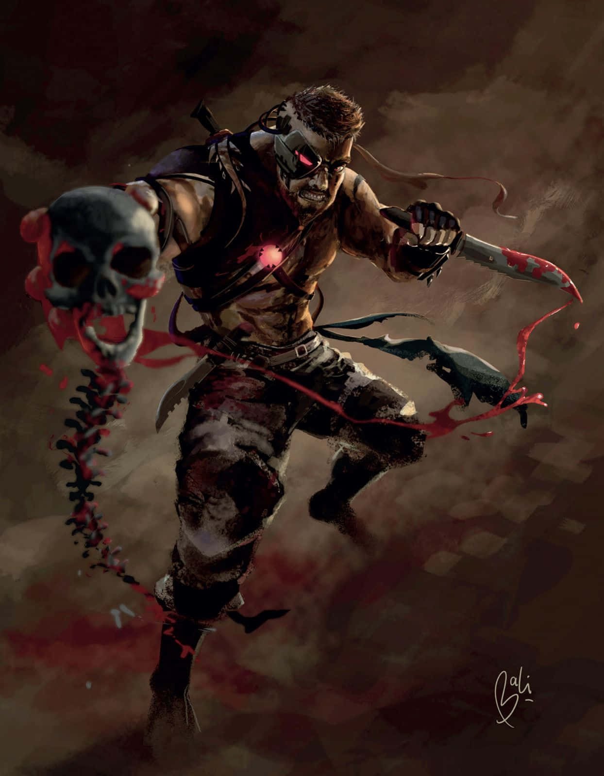 Mortal Kombat Kano 桌布 壁紙 — 一個殘暴的戰士，擁有發光的紅色眼睛和賽博格強化，揮舞著血淋淋的刀刃和一個被砍下的頭顱向前衝刺。