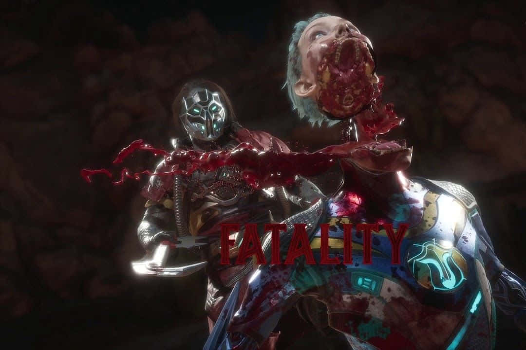 Mortal Kombat Kabal 桌布 壁紙 — 一個殘酷的電子遊戲死亡場景，一名戴面具的戰士斬首對手，血液戲劇性地噴灑。