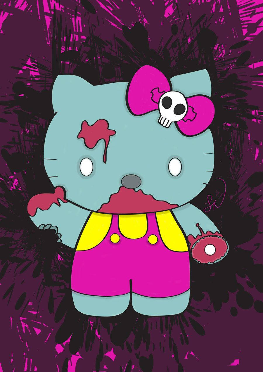 Hello Kitty Halloween 桌布 壁紙 — 一個殭屍Hello Kitty，帶有骷髏頭蝴蝶結和血跡，背景為深紫色和黑色潑濺效果。