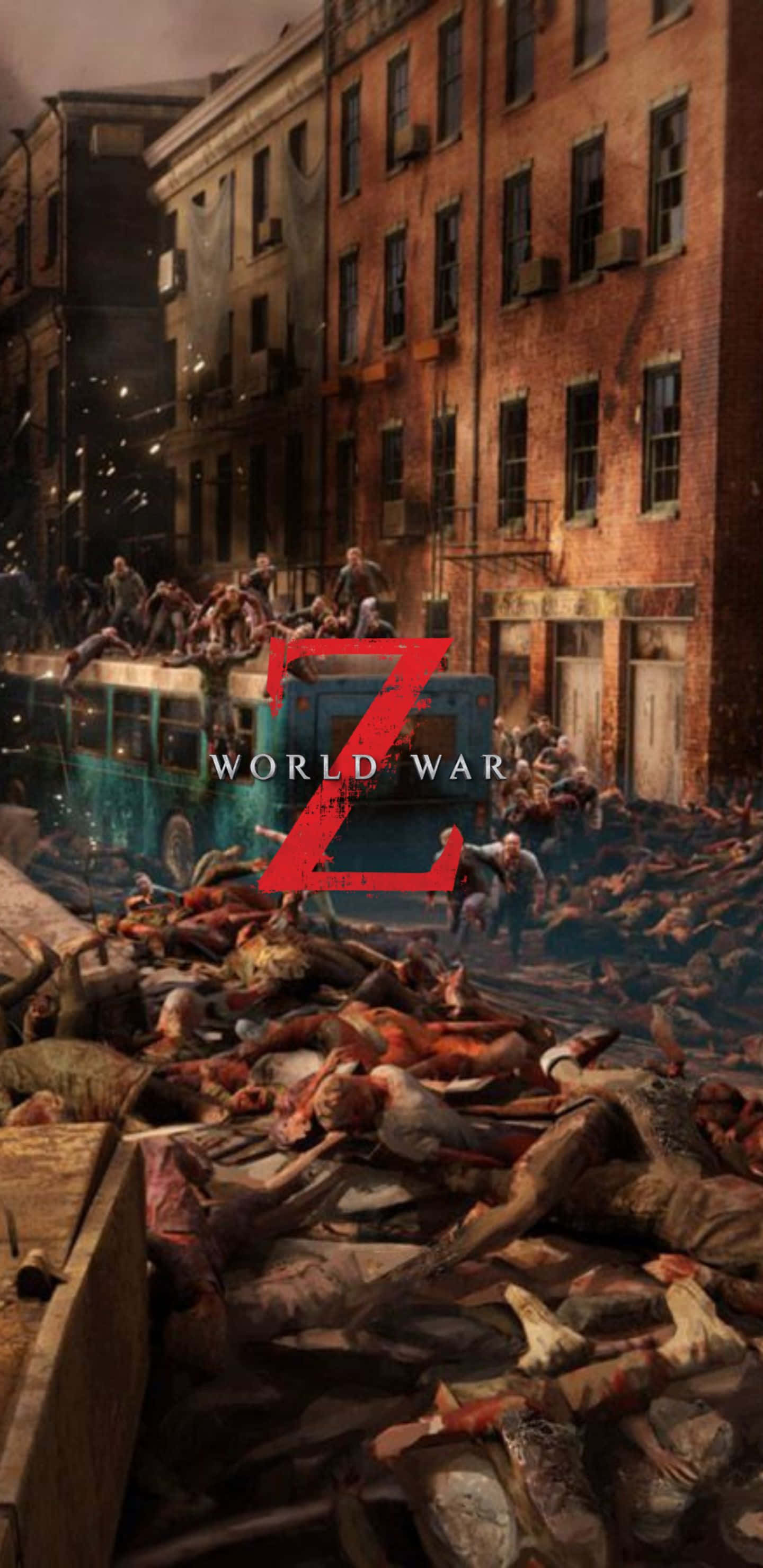 Pixel 3xl World War Z 桌布 壁紙 — 一個殭屍啟示錄場景，一輛藍色巴士在廢墟城市街道上擠滿了不死生物。