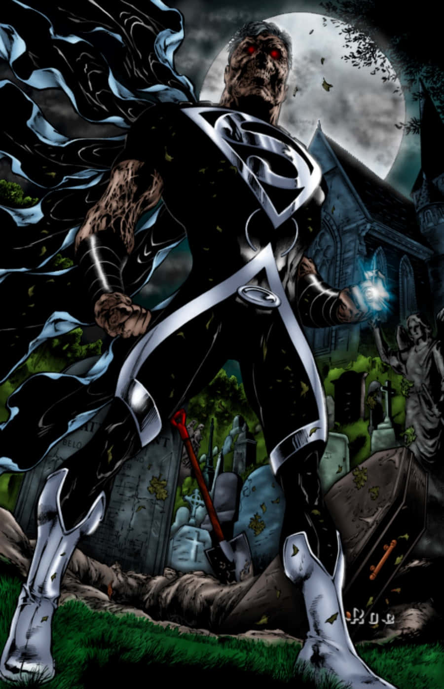 Blackest Night 桌布 壁紙 — 一個殭屍超人站在月光下的墓地，手持發光球體和鏟子，附近有破碎的墓碑。